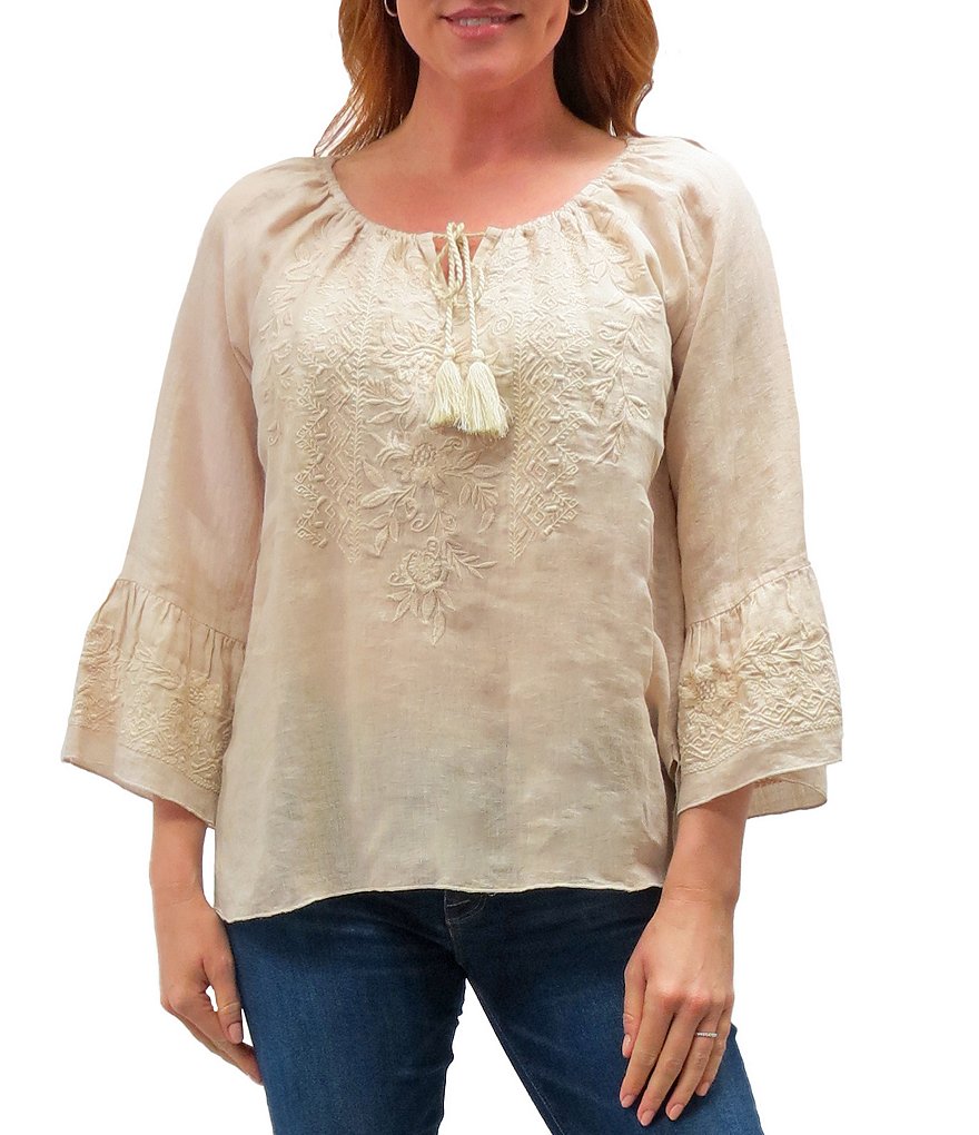 Karyn Seo Sonali Bell Sleeve Keyhole Jewel Neck Embroidered Top