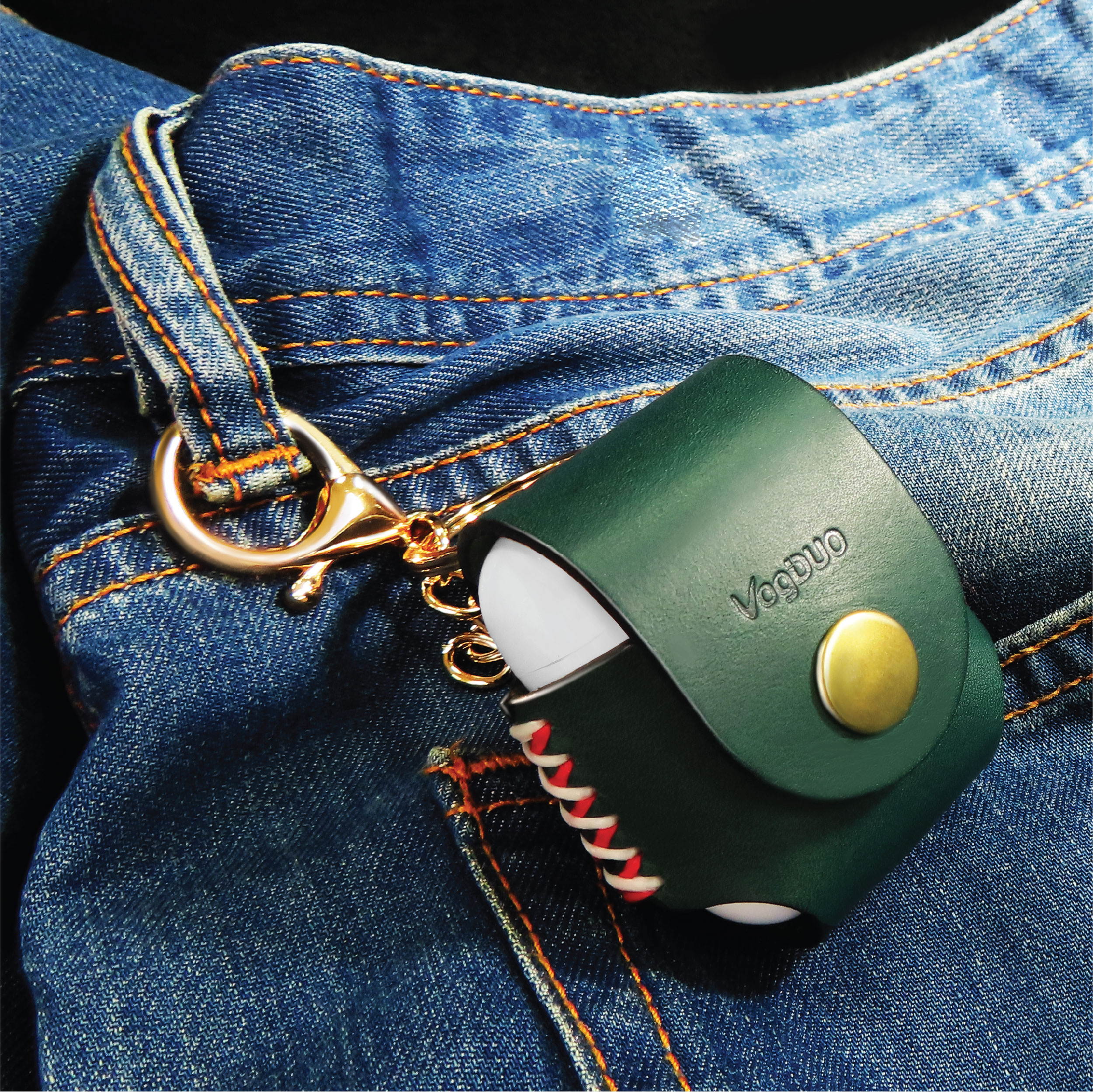 VogDUO- Italian Genuine Leather Case for AirPods Pro, portable carry case, Lightning port slot design, premium metal hook for the bag, keychain or jeans, YKK button applied- Emerald
