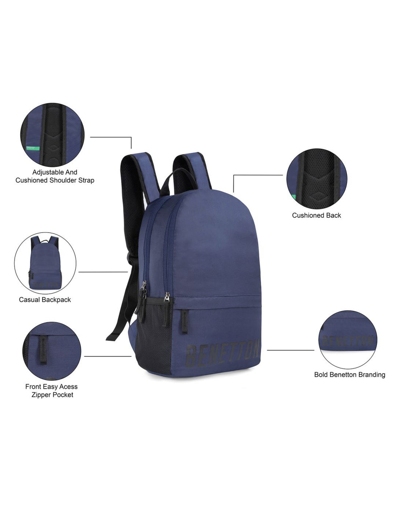 United Colors of Benetton Reseda Navy Polyester Solid Backpack - 12.5 Ltrs