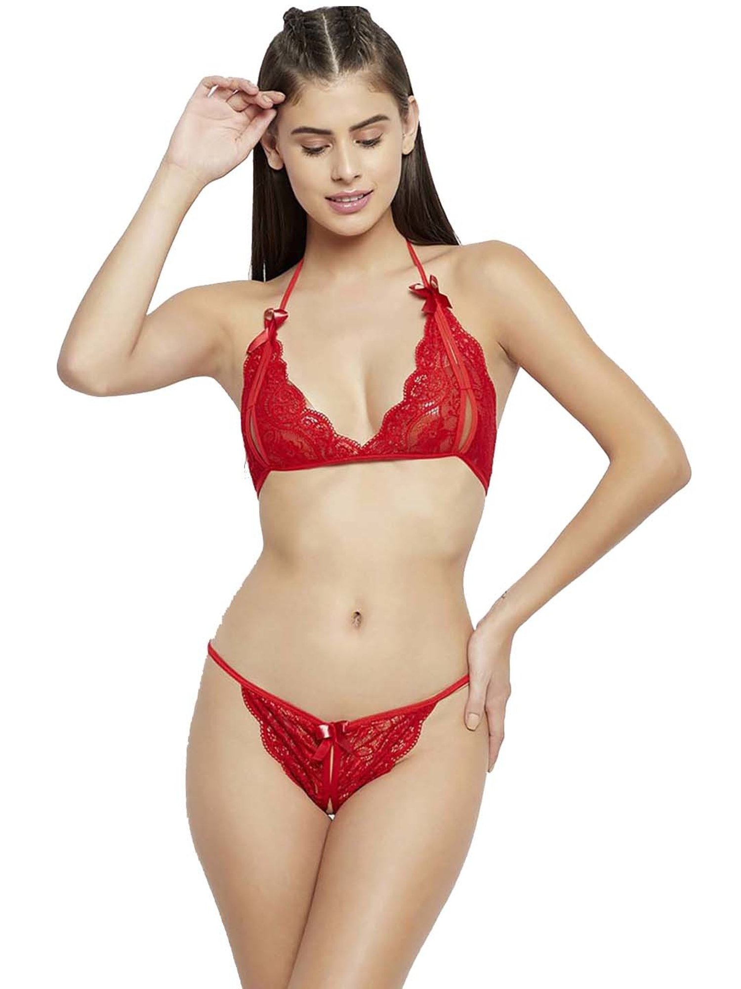 AROUSY Red Self Pattern Baby Doll With Lingerie Set