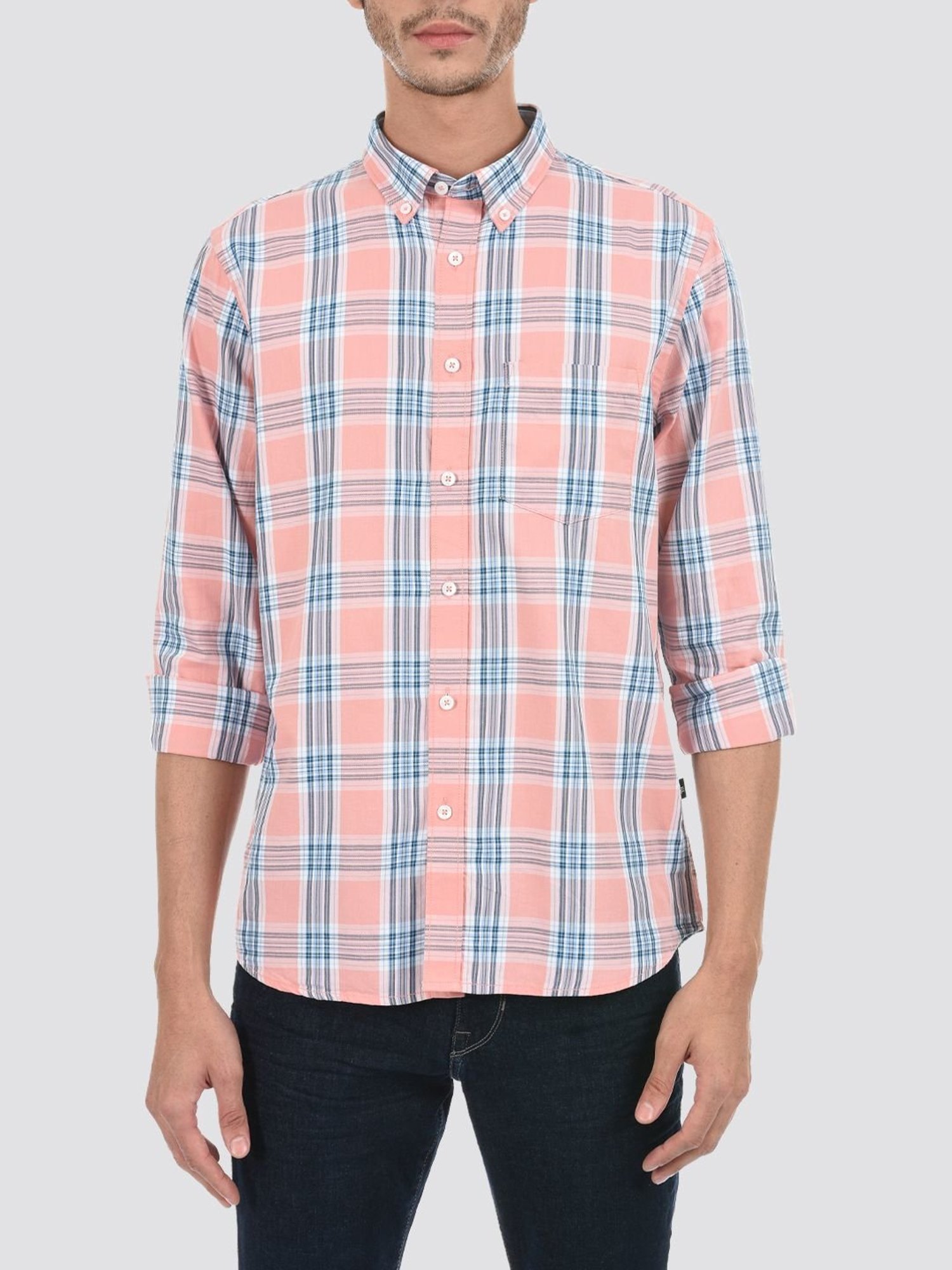 London Fog Pink Regular Fit Checks Shirt