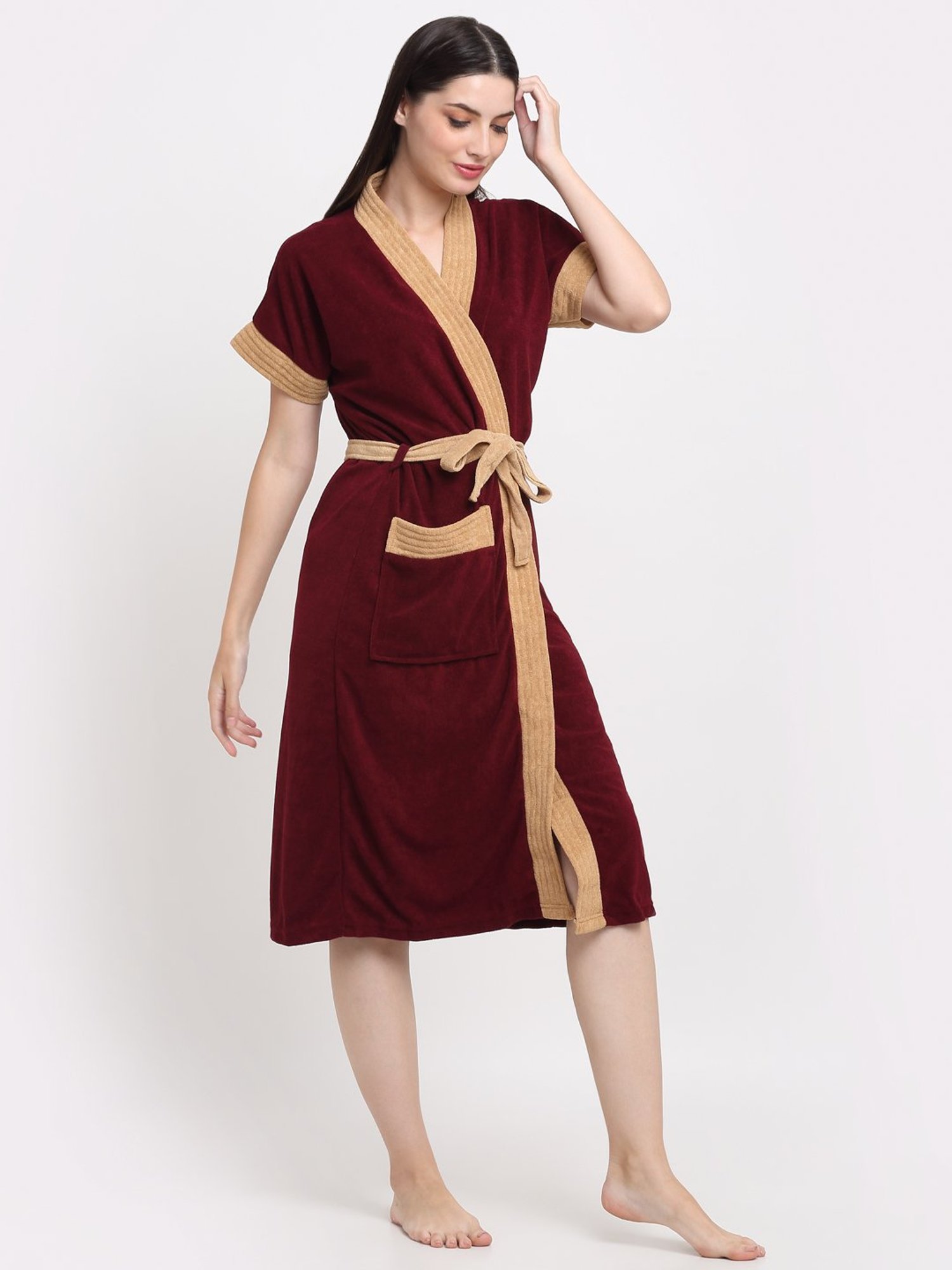 Creeva Everyday Red & Navy 225 GSM Micro Terry Bathrobe with Front Pocket & Kimono Collar