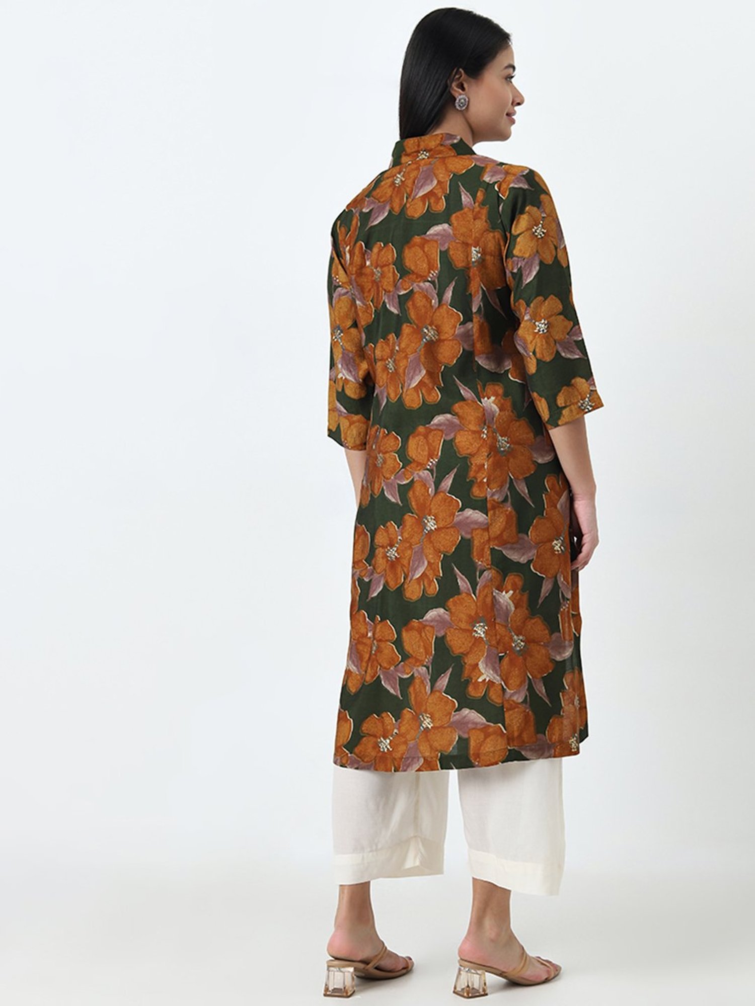 Diza by Westside Dark Green Floral Printed A-Line Kurta