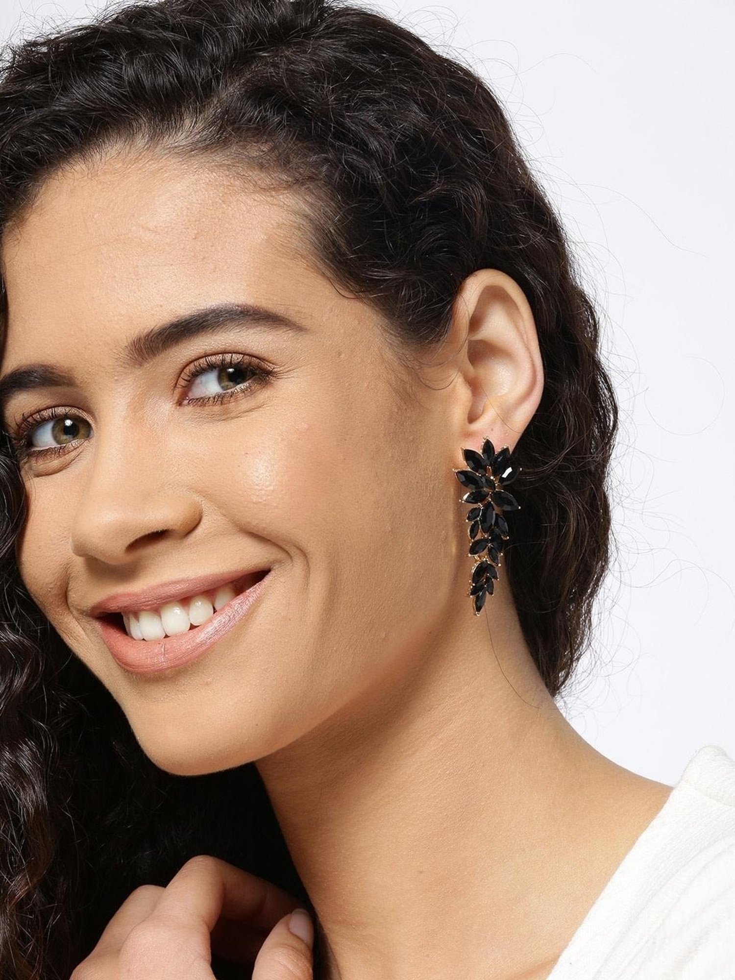 YouBella Gold-Plated Black Contemporary Stone Studded Dangler Earrings for Women