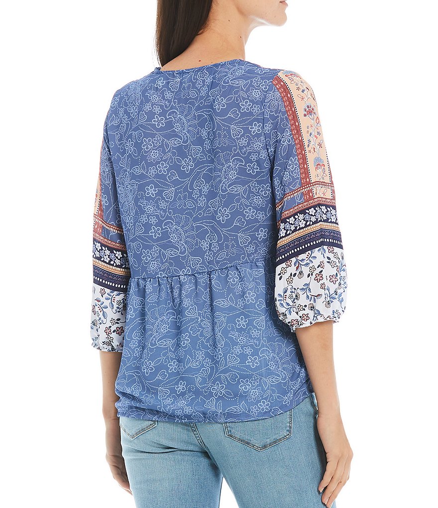 One World Apparel Mixed Floral Border Print Woven V-Neck 3/4 Sleeve Babydoll Top