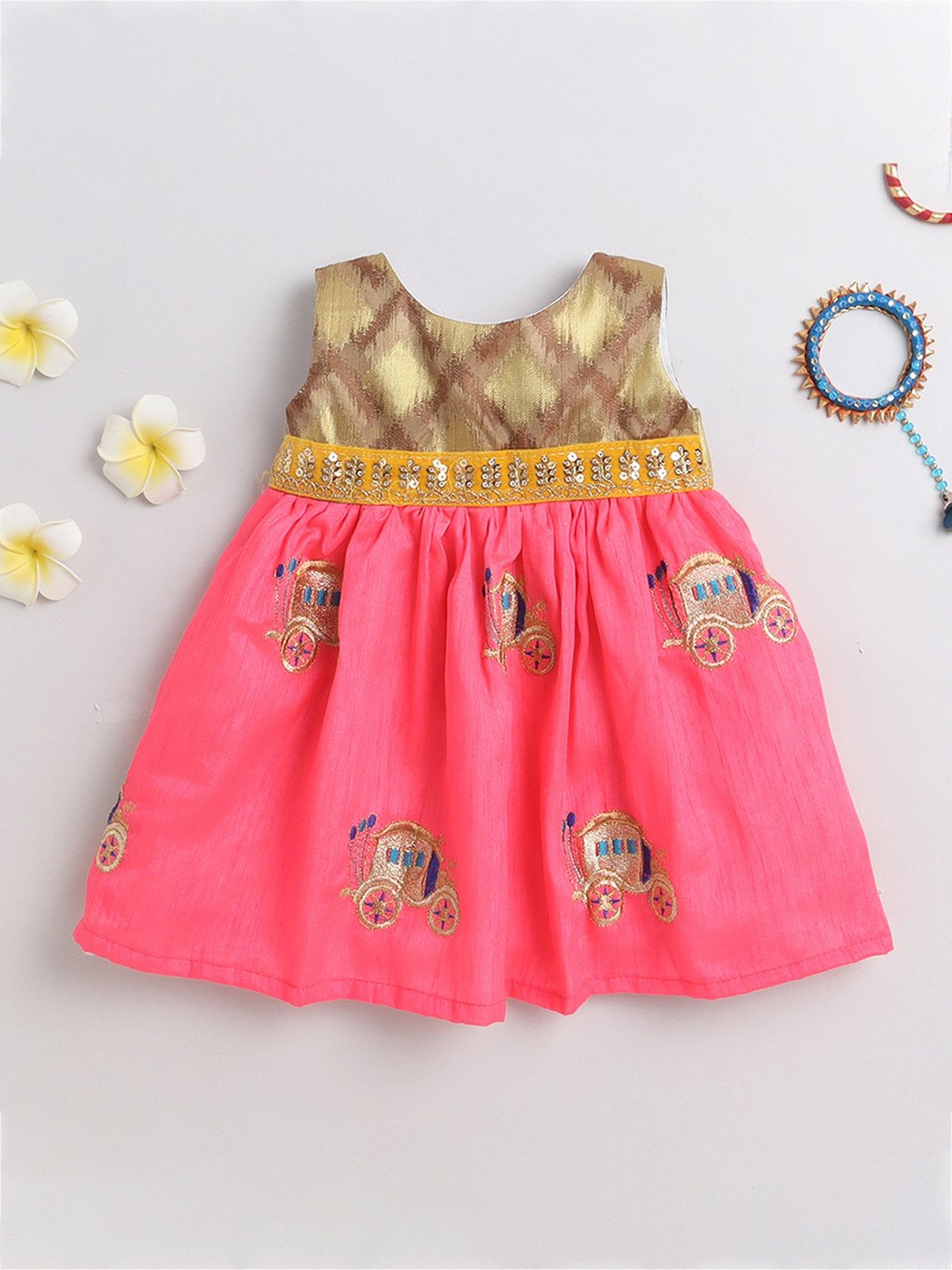 Many Frocks Kids Gold & Pink Embroidered Dress