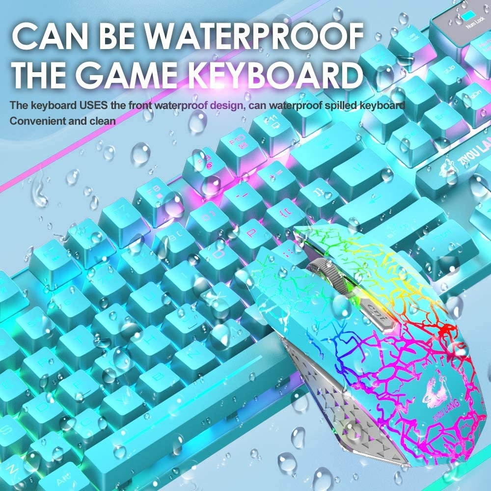 Wireless Gaming Keyboard and Mouse Combo Ranibow LED Backlit Rechargeable 4000mAh Battery Mechanical Feeling Waterproof Dustproof 7 Color Backlit Mute Mice for Computer Mac Gamer (Blue & Ranibow)