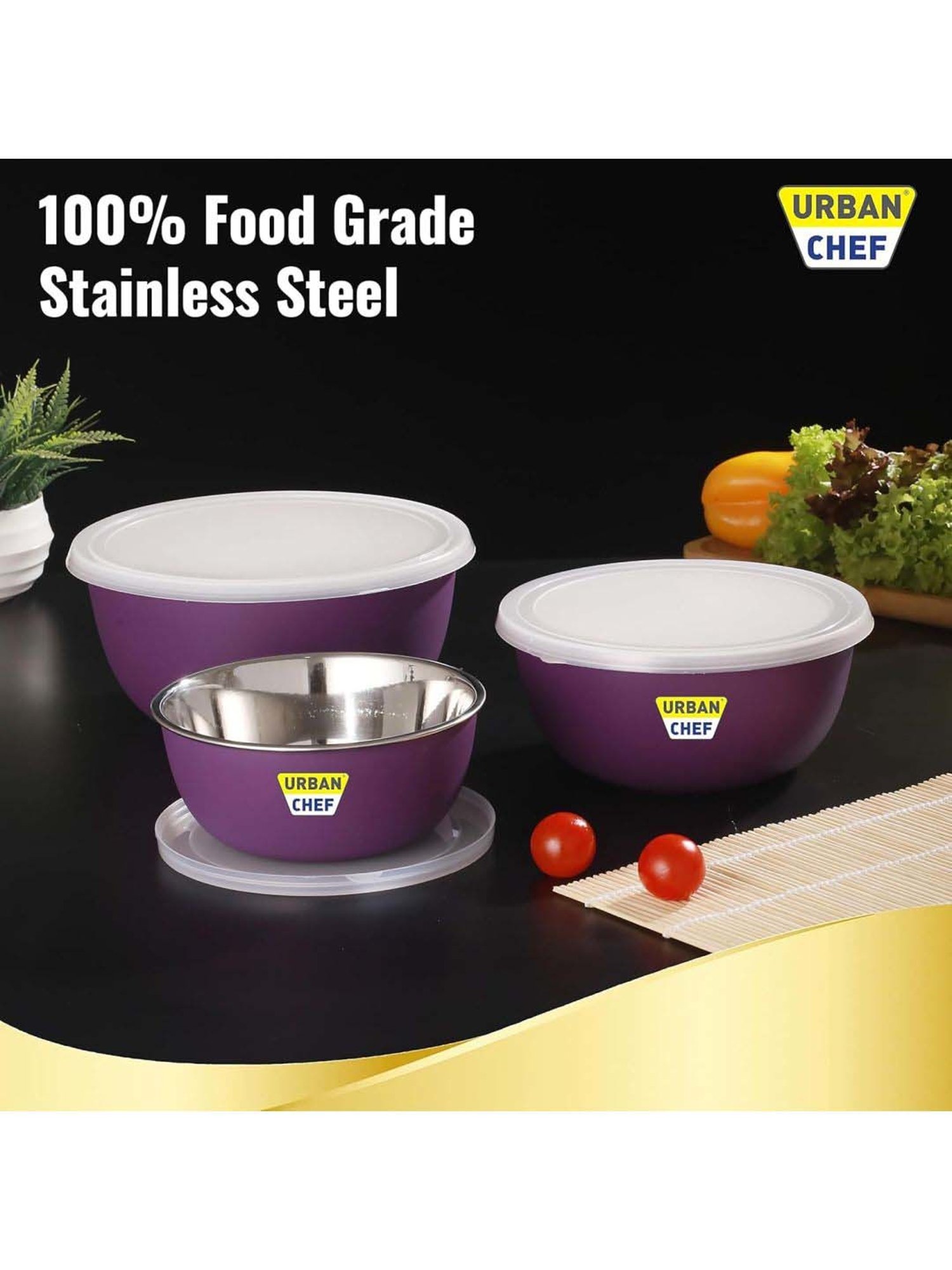 Urban Chef Purple Stainless Steel Microwave Safe Serving Bowl With Lid - Set of 3