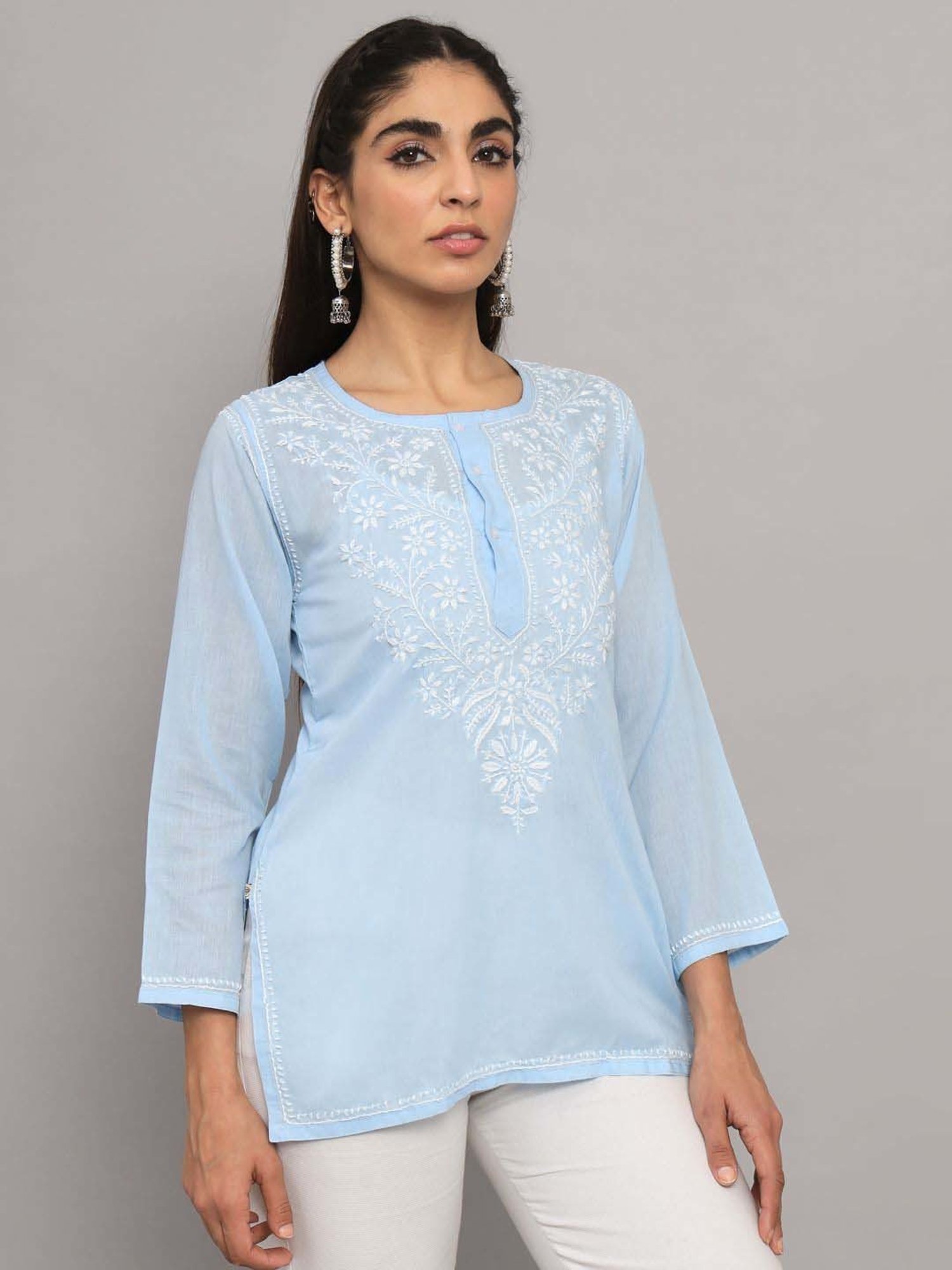 PARAMOUNT CHIKAN Powder Blue Cotton Chikankari Straight Kurti