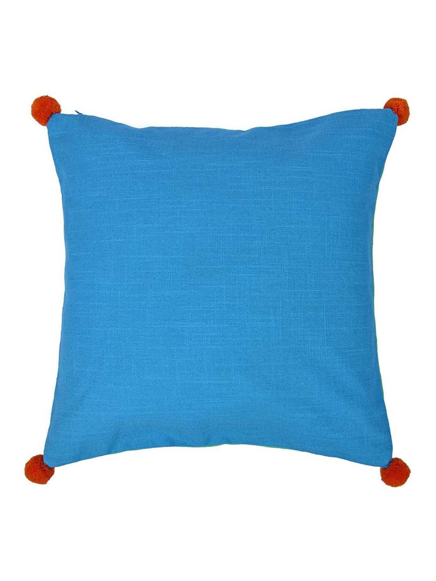 @home Blue & Green Cotton Two Sided Pom Pom Cushion Cover With Zipper