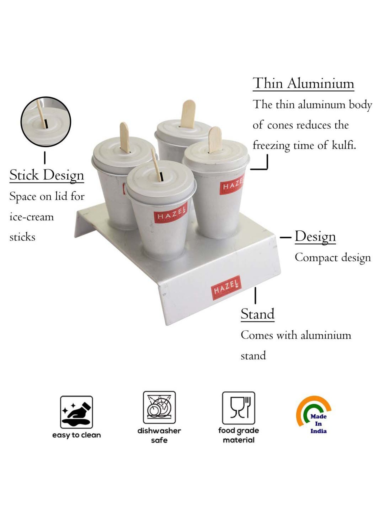 HAZEL Silver Aluminium Cylindrical Kulfi Ice Cream Mould With Stand - Set of 4