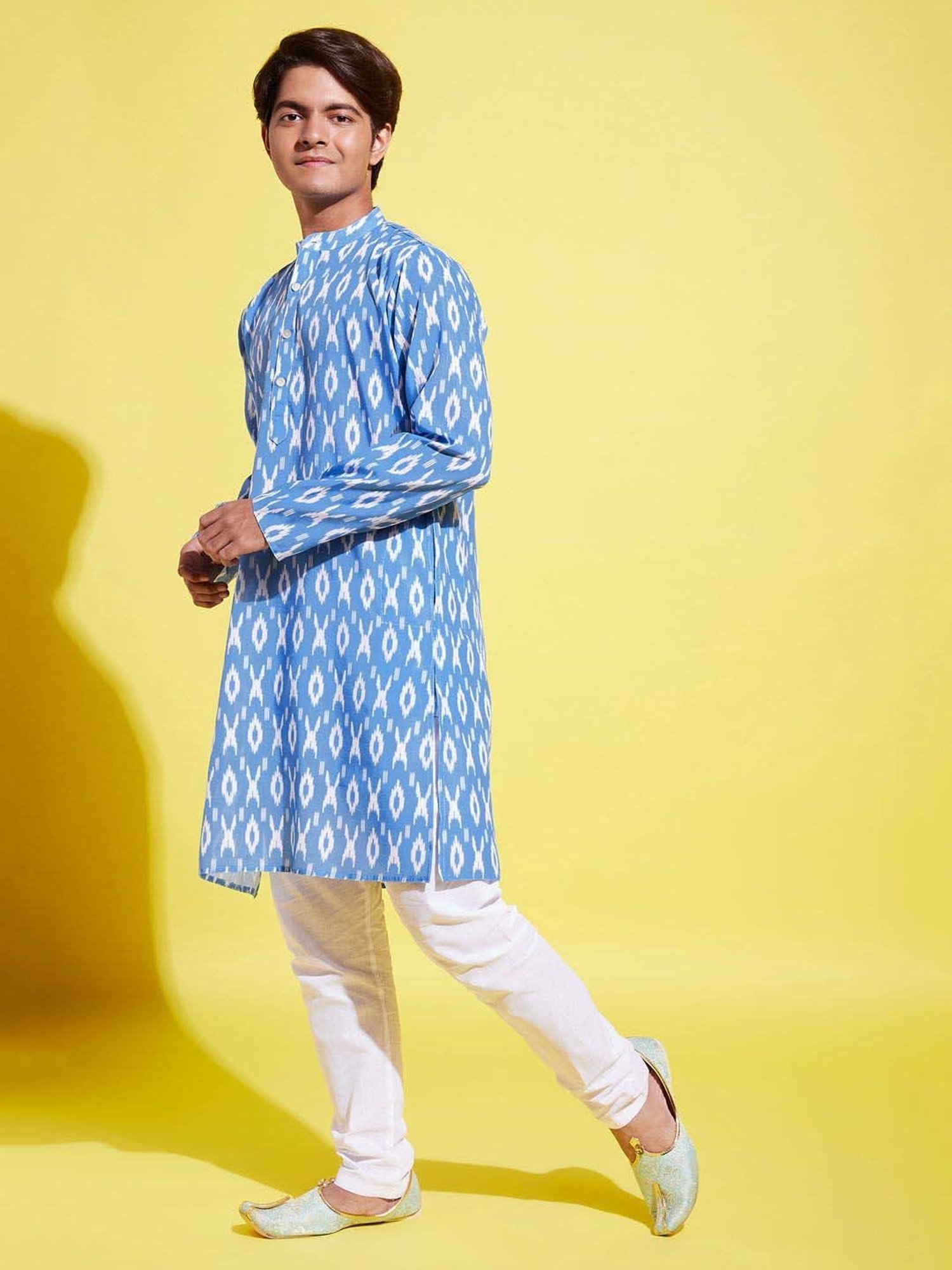 VASTRAMAY Boys Aqua Blue & White Cotton Printed Full Sleeves Kurta Sets