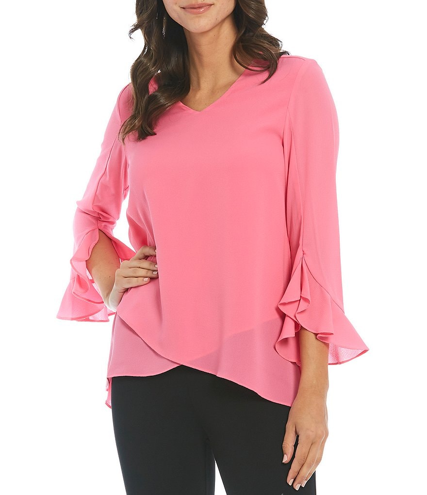 Calessa V-Neck 3/4 Ruffle Sleeve Crossover Hi-Low Tunic