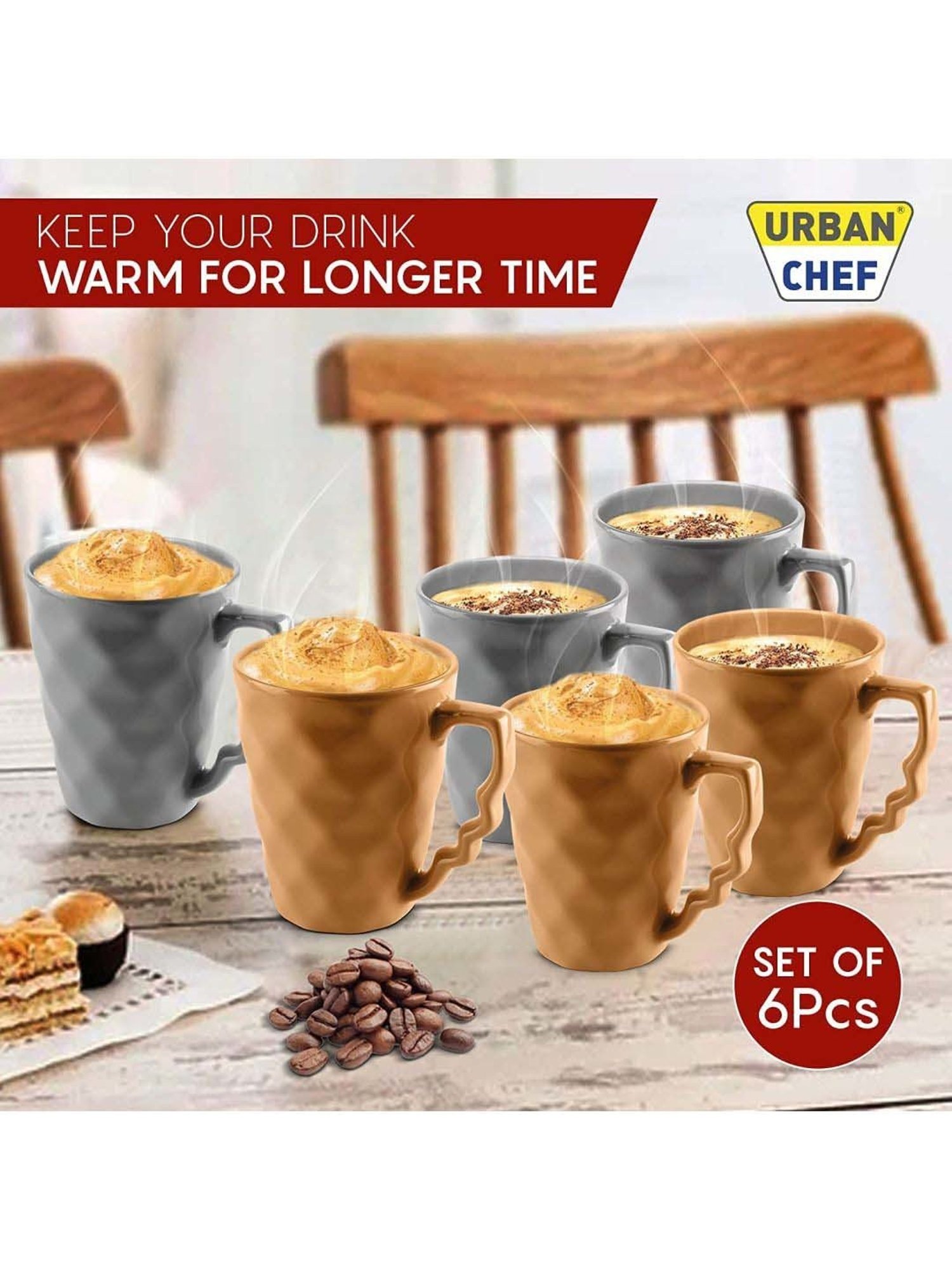 Urban Chef Grey & Brown Ceramic Microwave Safe Coffee Mug (0.225 L) - Set of 6