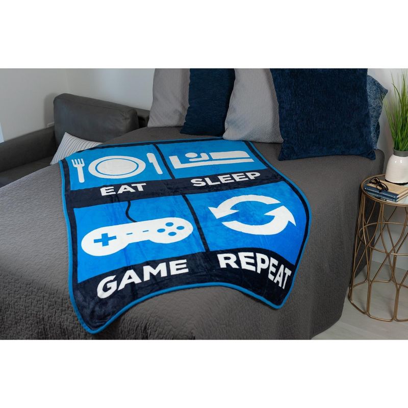 Just Funky Eat Sleep Game Repeat Large Gamer Fleece Throw Blanket | 60 x 45 Inches