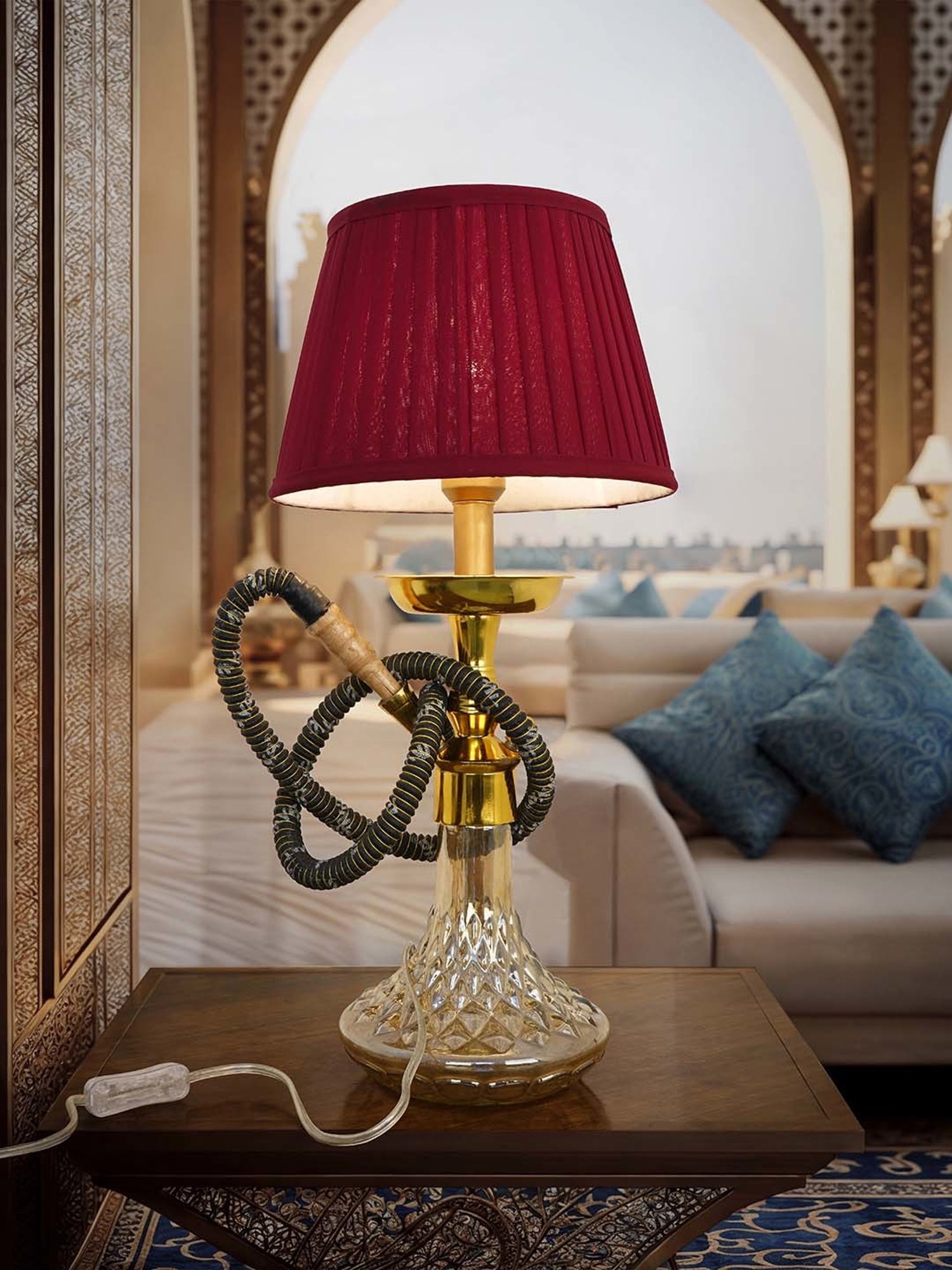 Fos Lighting Unique Cultural Fusion with Maroon Pleated Shade Hookah Table Lamp