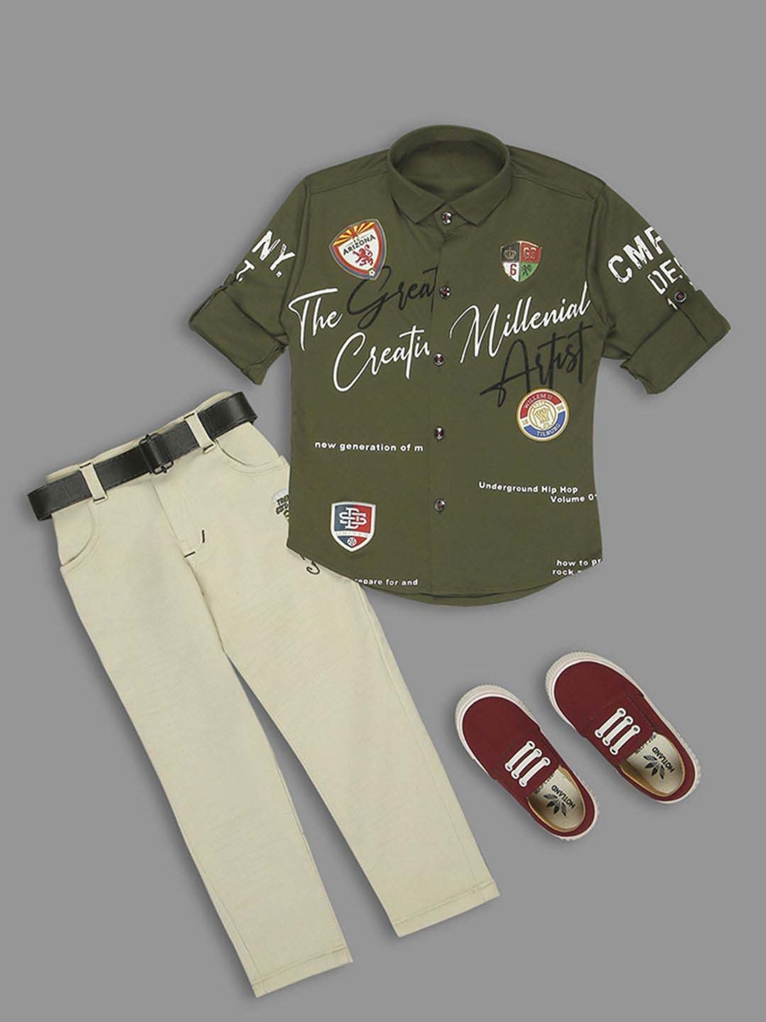 Kids Island Boys Green & Grey Embroidery Full Sleeves Clothing Set