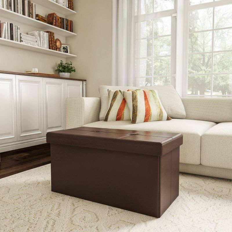 Large Foldable Storage Bench Ottoman Faux Leather Brown - Yorkshire Home