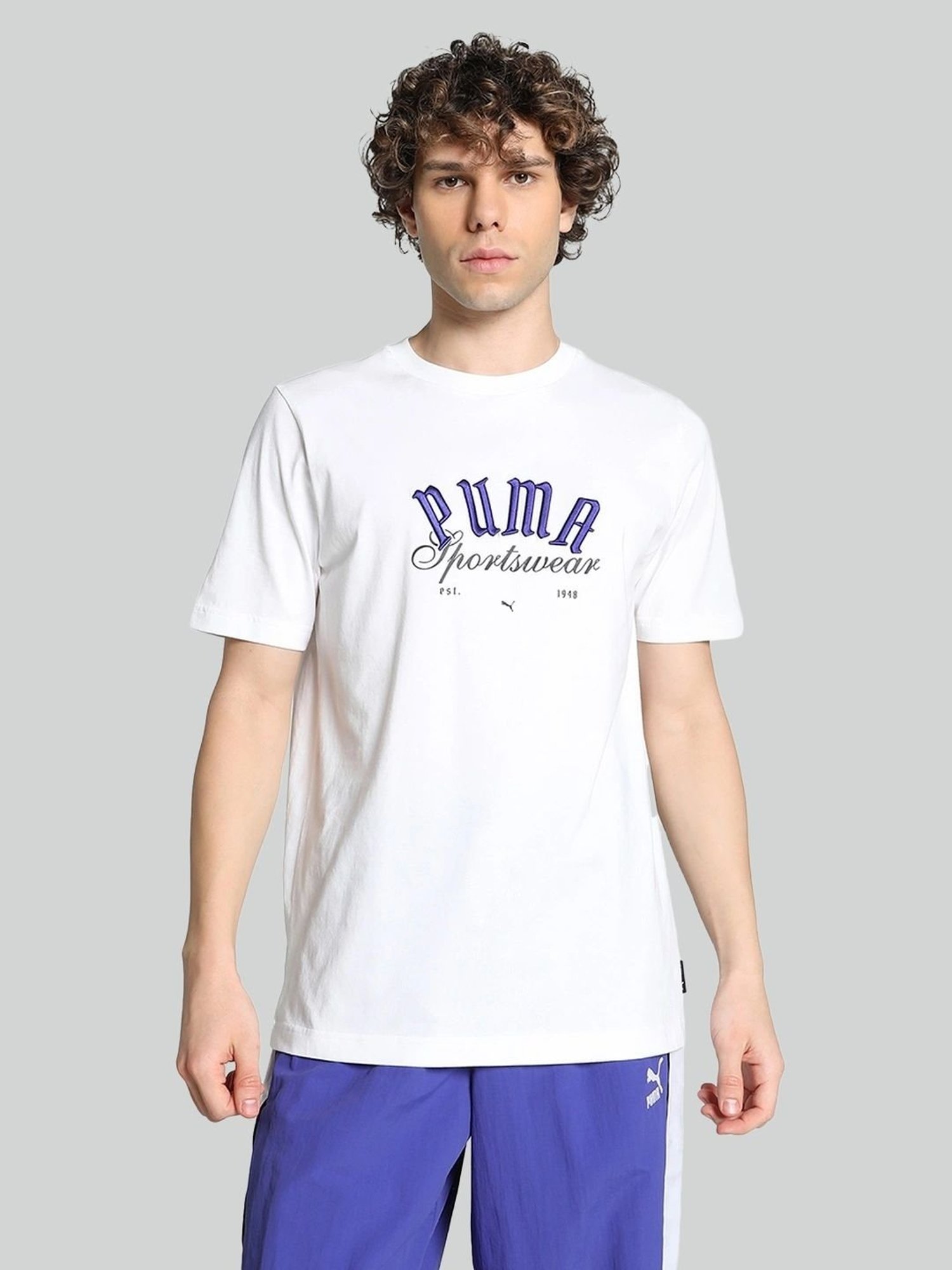 Puma White Cotton Regular Fit Logo Printed T-Shirt