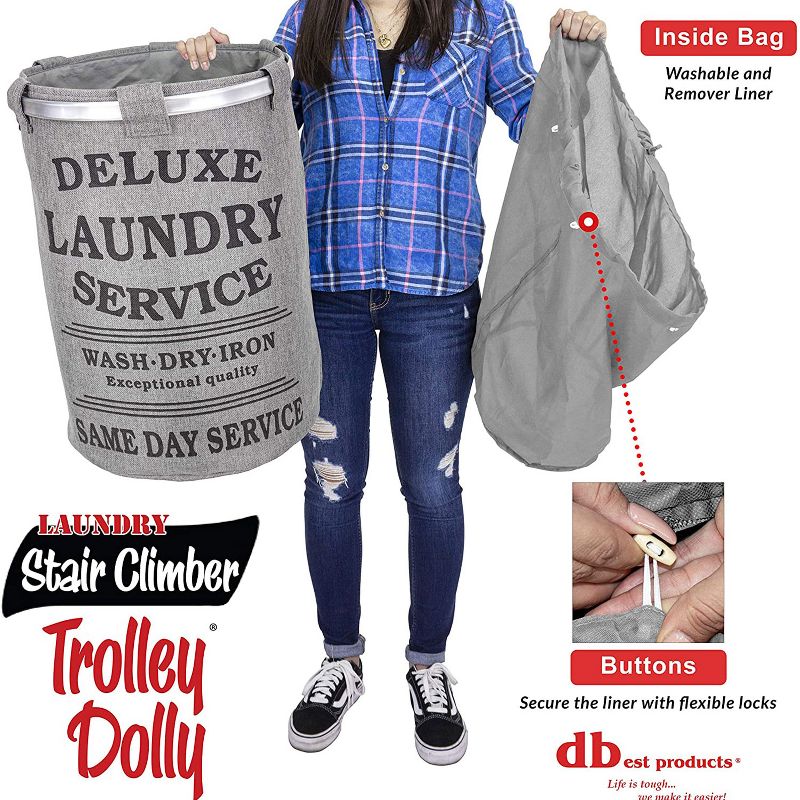 dbest products 38 Inch Stair Climber Trolley Dolly with Laundry Hamper Utility Cart with Removable Washable Liner, Grey
