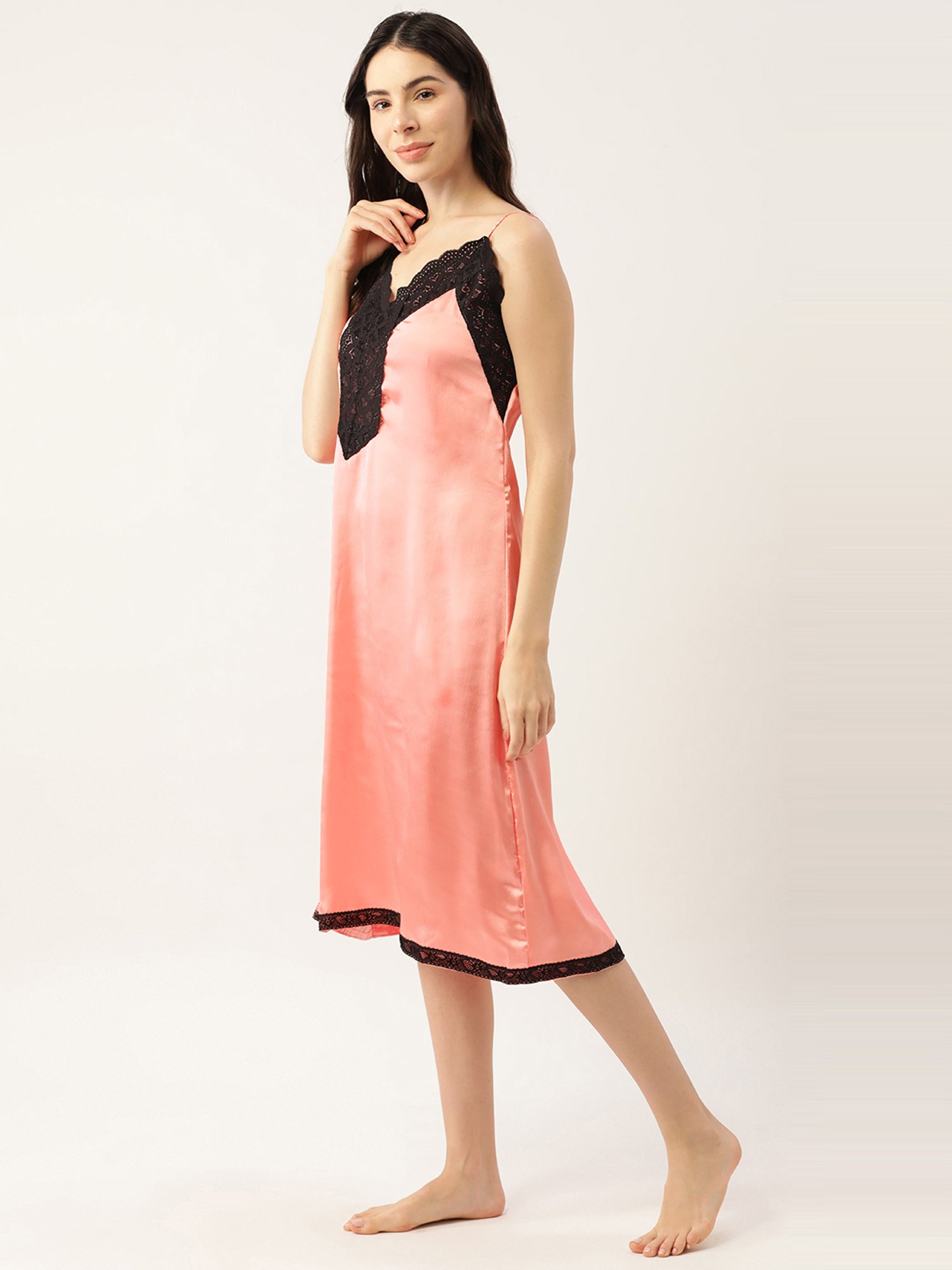 Ms.Lingies Peach Lace Work Nightwear With Robe