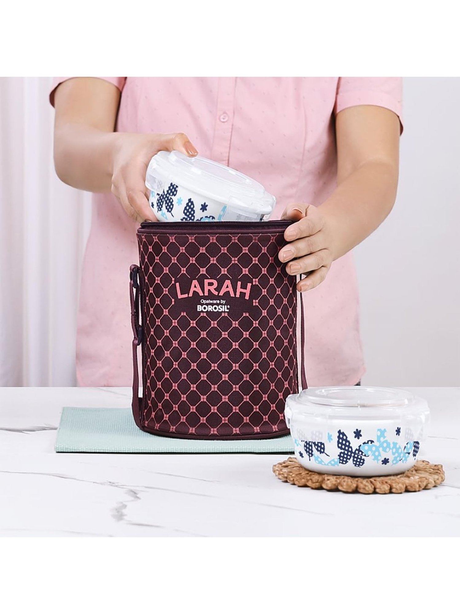 Larah by Borosil Blue Opalware Lunch Box with Lunch Bag