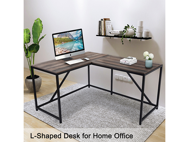 L-Shaped Corner Desk Computer Office Desk Gaming Desk PC Laptop Gaming Table Workstation Modern Style For Home Office Solid Metal Frame With Foot Rest,Walnut,GT51