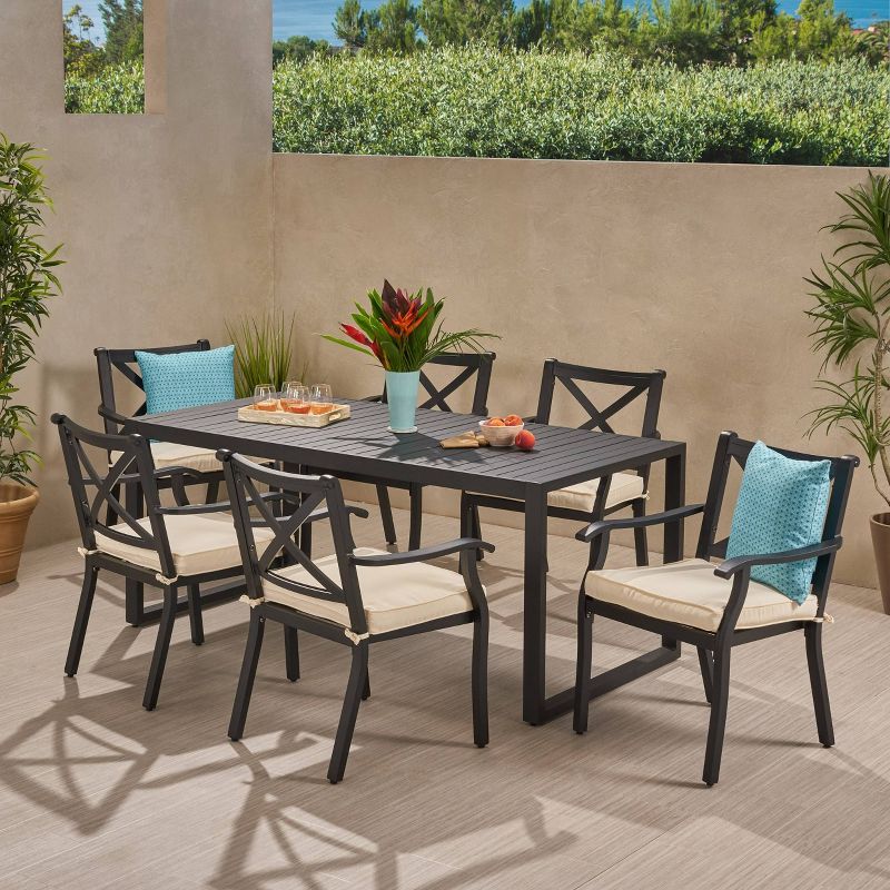 Navan 7pc Aluminum Dining Set - Black/Ivory - Christopher Knight Home
