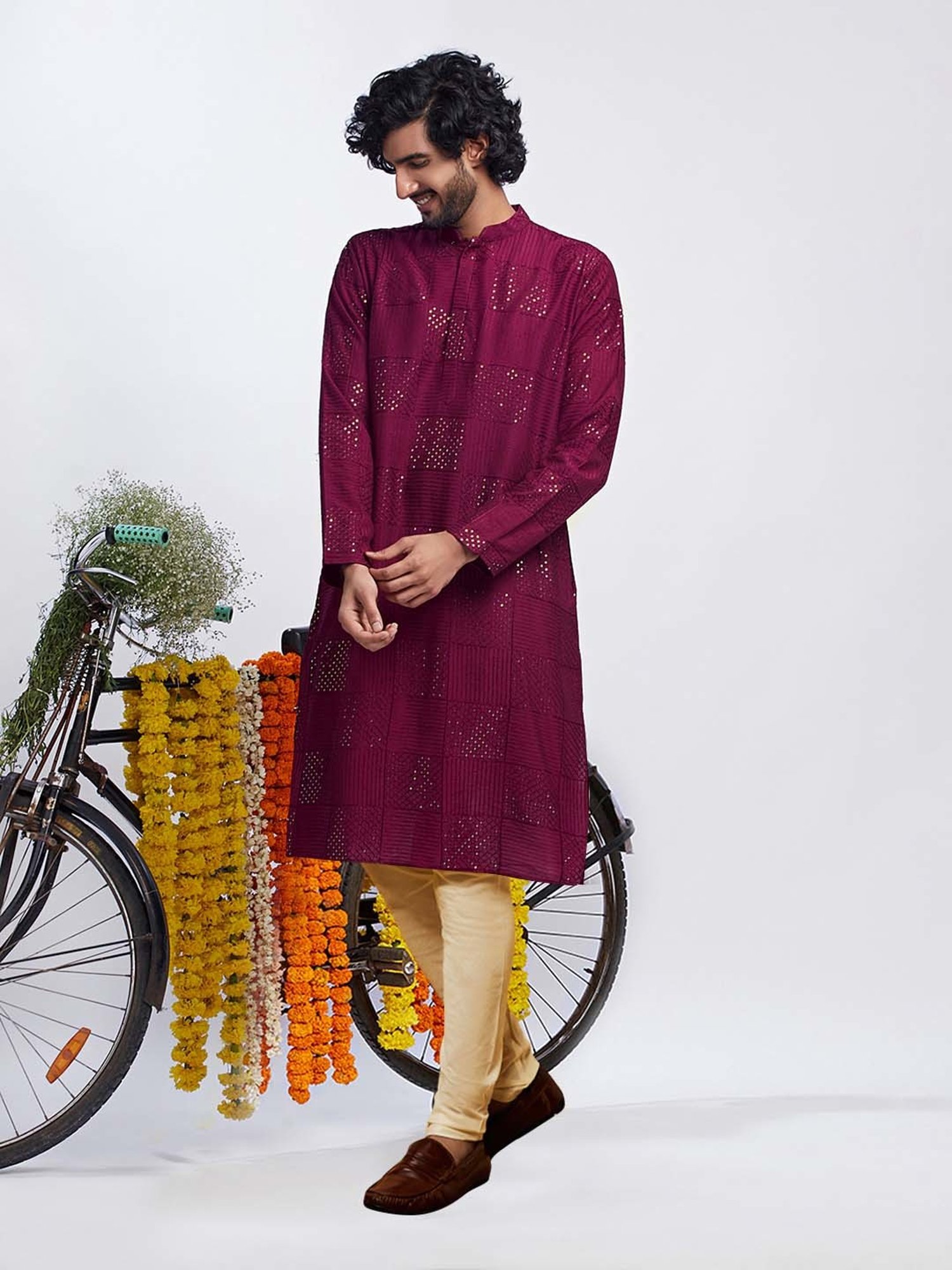 KISAH Burgundy & Beige Regular Fit Embellished Kurta & Churidar Set