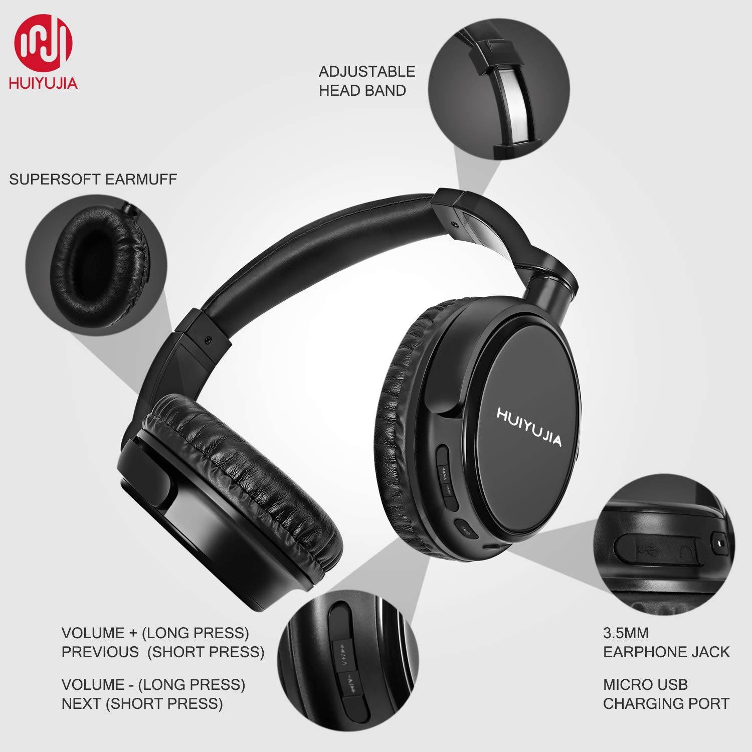 HUIYUJIA Wireless Bluetooth Headphones with Over Ear, Hi-Fi Stereo Headset with Soft Memory-Protein Earmuffs & Audio Cable, w/Built-in Mic PC/TV/Cell Phones