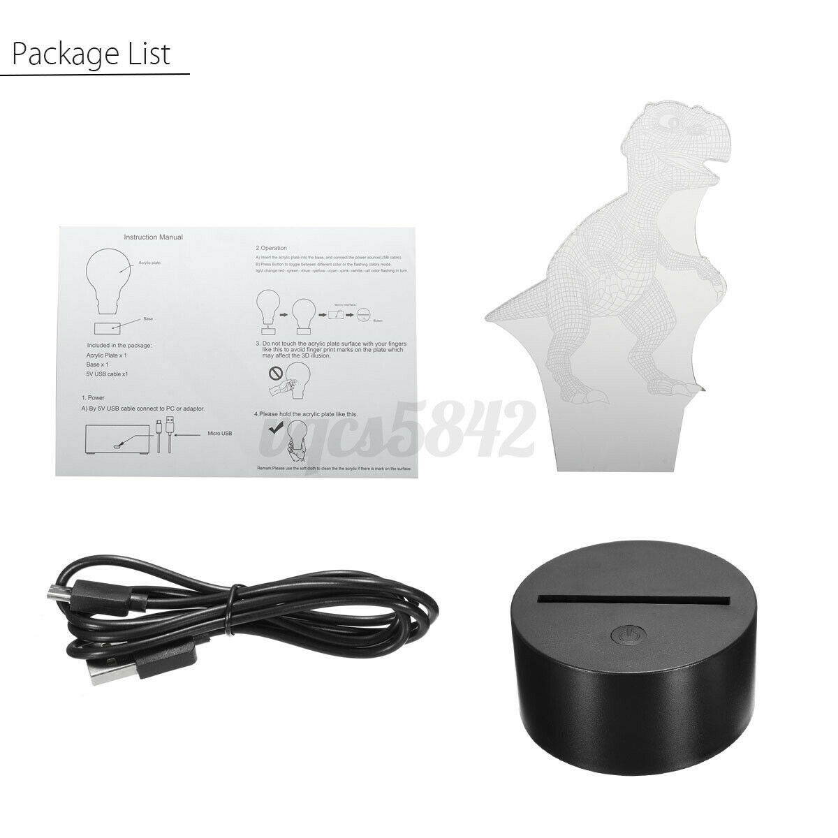 3D Dinosaur USB 7 Color Change LED Night Light Desk Table Lamp Christmas Gift US