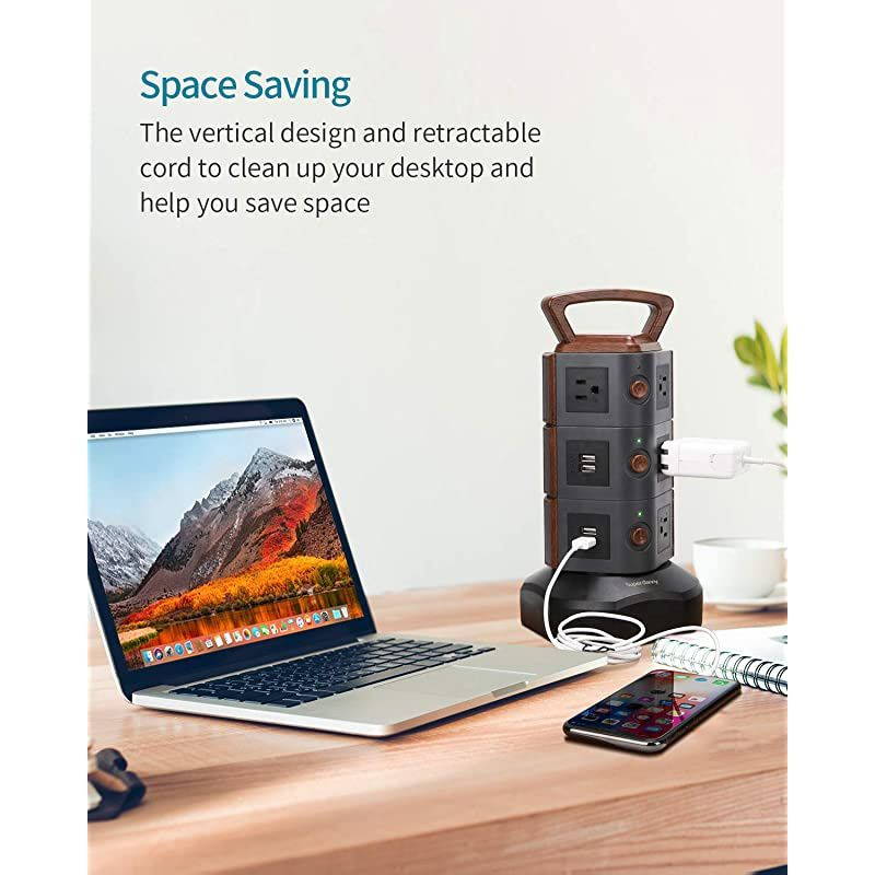 Power Strip Tower  Surge Protector Vertical Charging Station with 10 Outlets 4 USB Ports 65ft Retractable Extension Cord Desktop Plug Bar with Wood Grain for Home Office Dorm Room Hotel