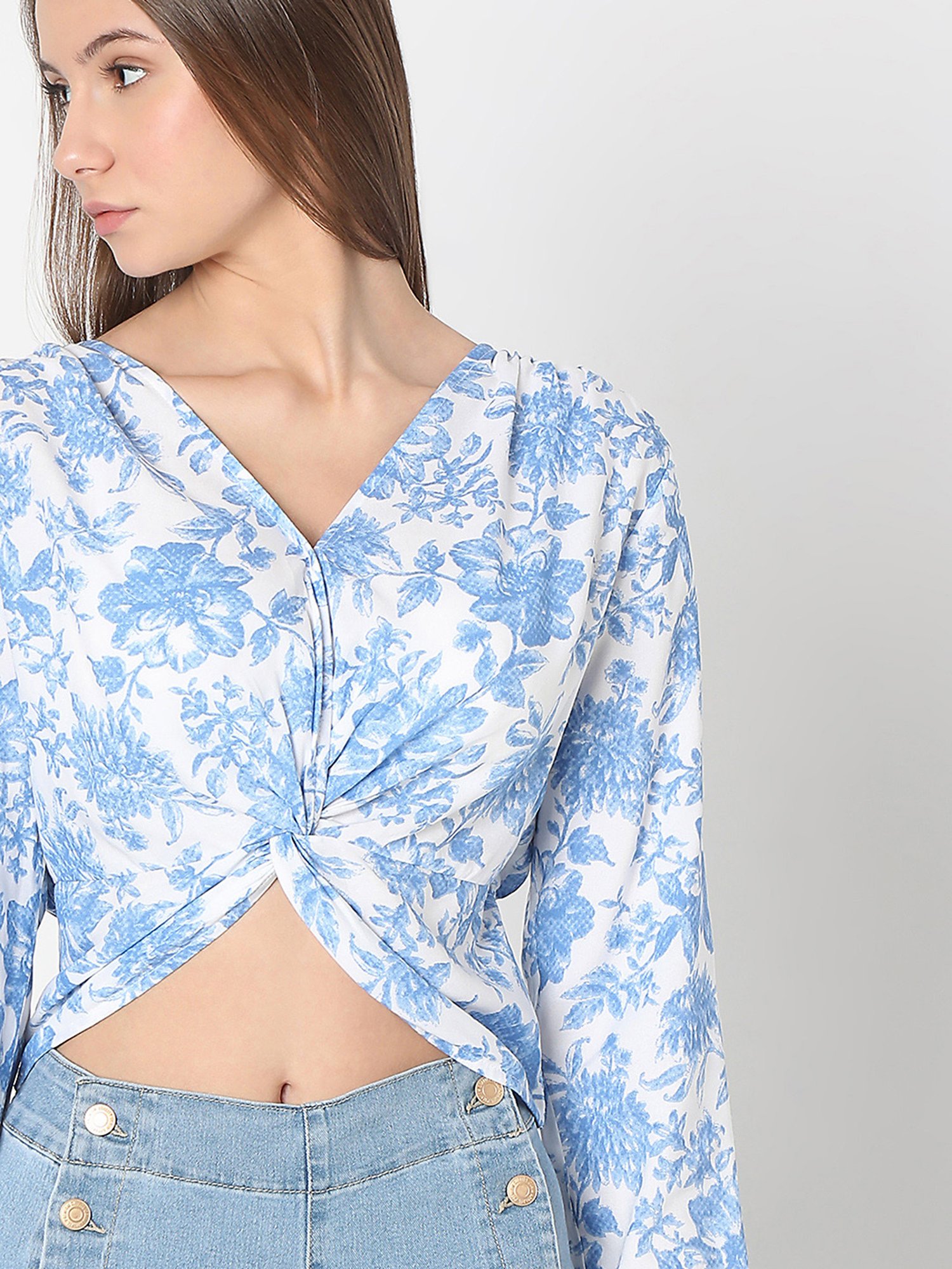 Vero Moda Blue & White Floral Print Crop Top