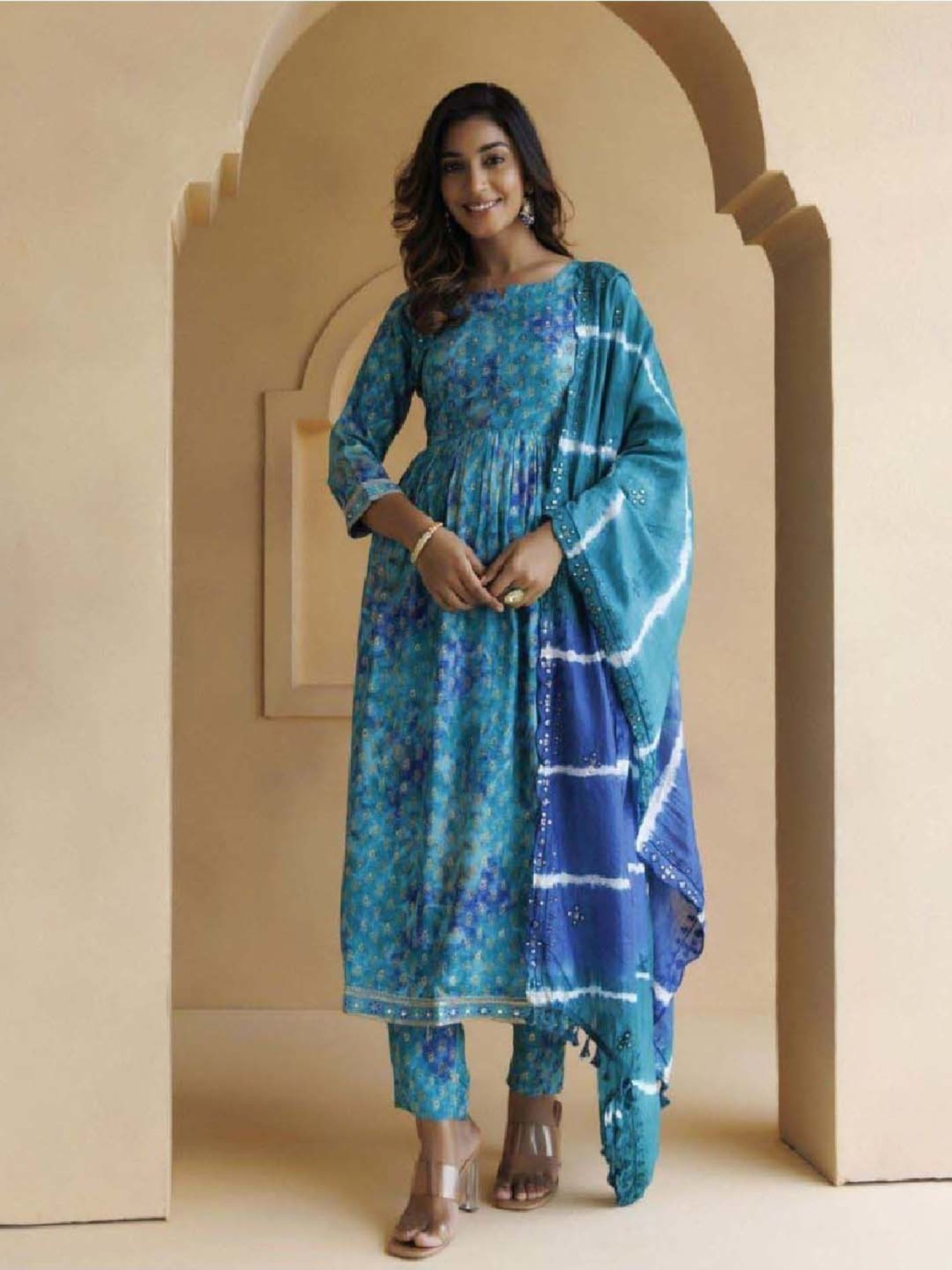 Geroo Jaipur Blue Shaded Cotton-Rayon Embroidered Kurta and Pant with Silk Dupatta