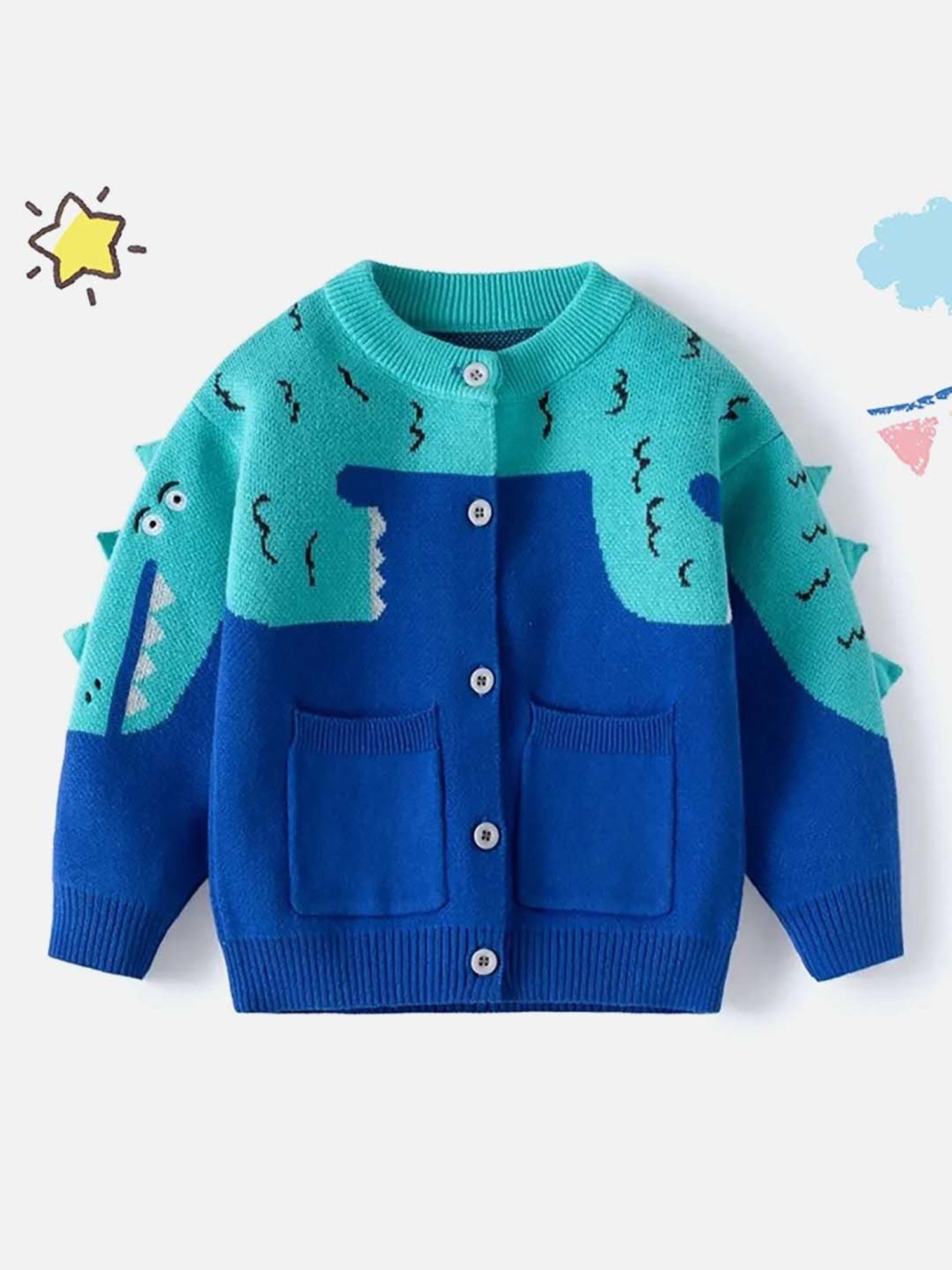 Little Surprise Box Kids Blue Printed Full Sleeves Cardigan