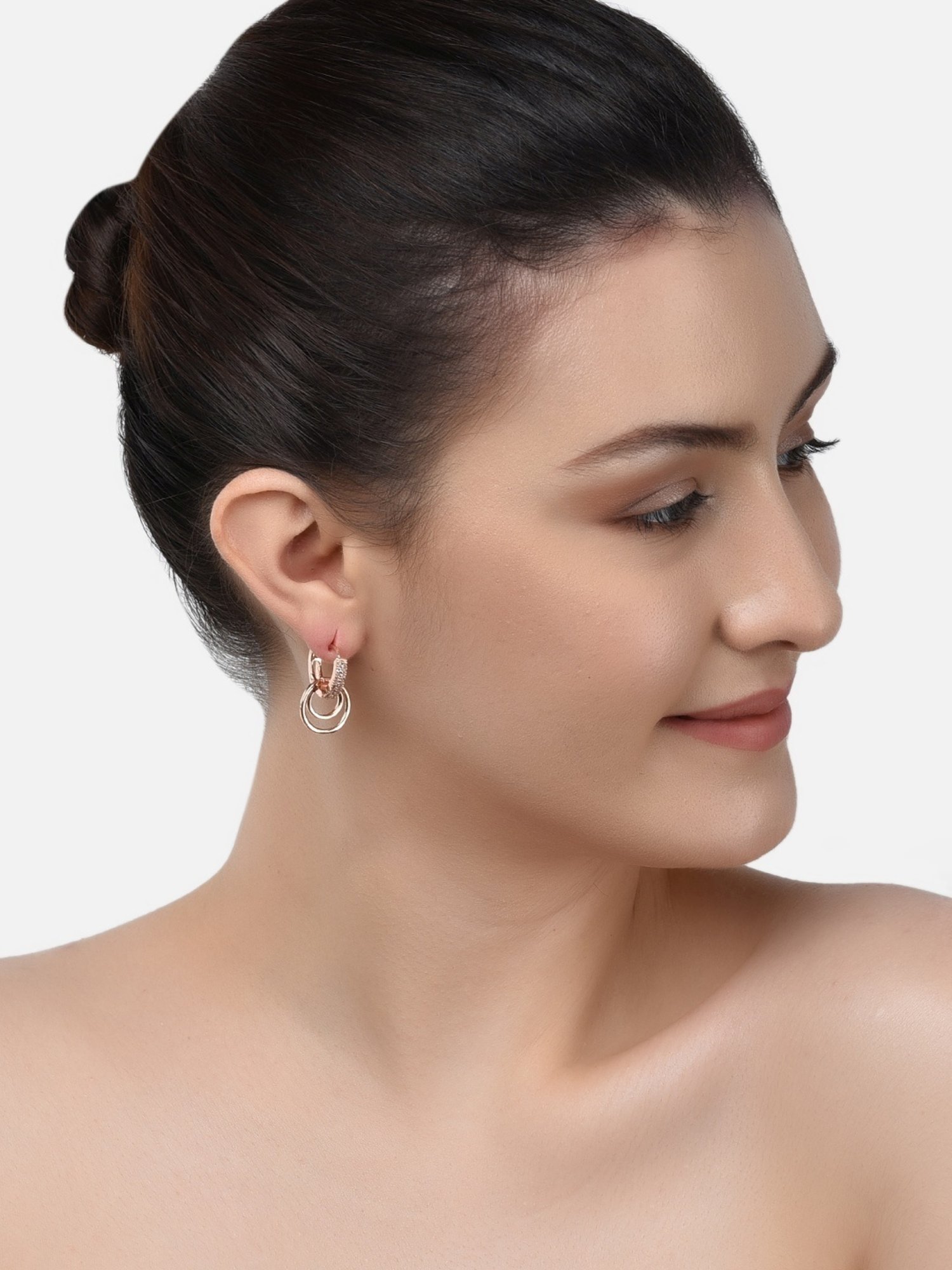 Zaveri Pearls Set of 2 Rose Gold & Gold Tone Cubic Zirconia Brass Stud & Hoop Earrings - ZPFK11161