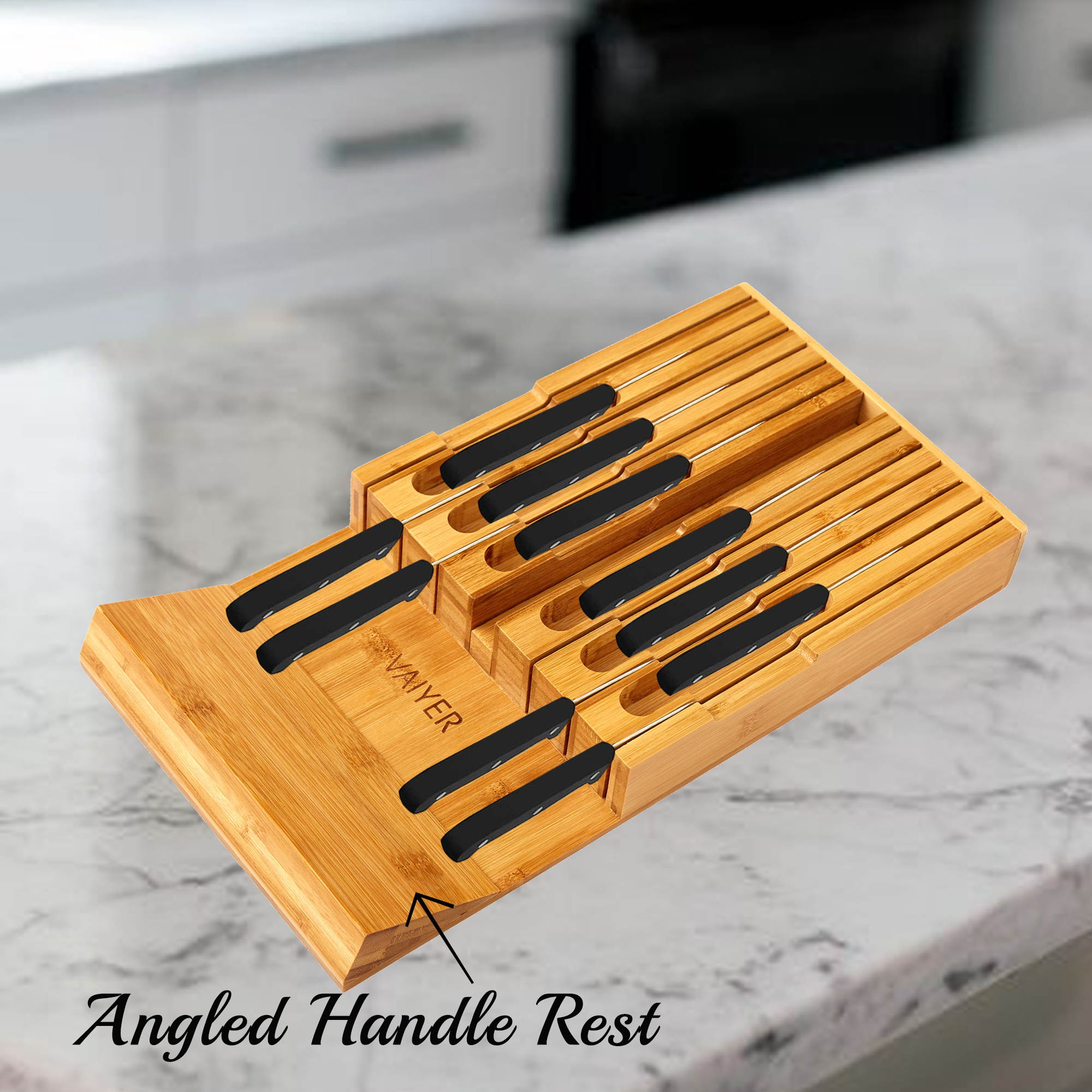 Vaiyer, In-Drawer Bamboo Knife Block Holds 12 Knives (Not Included), 
 Slot for your Knife Sharpener, Chef Knife Organizer Made from Quality Bamboo, Special Designed Angled Rest to Keep Blades down