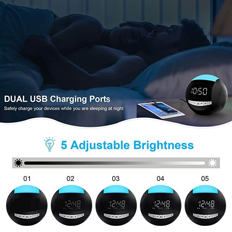 Digital Alarm Clock FM Radio7 Colors LED Night LightDual USB Chargers1224HDSTWhite Digits with Dimmer SnoozePlug in Battery OperatedDesign for Adults Kids Heavy Sleeper Elderly Bedroom
