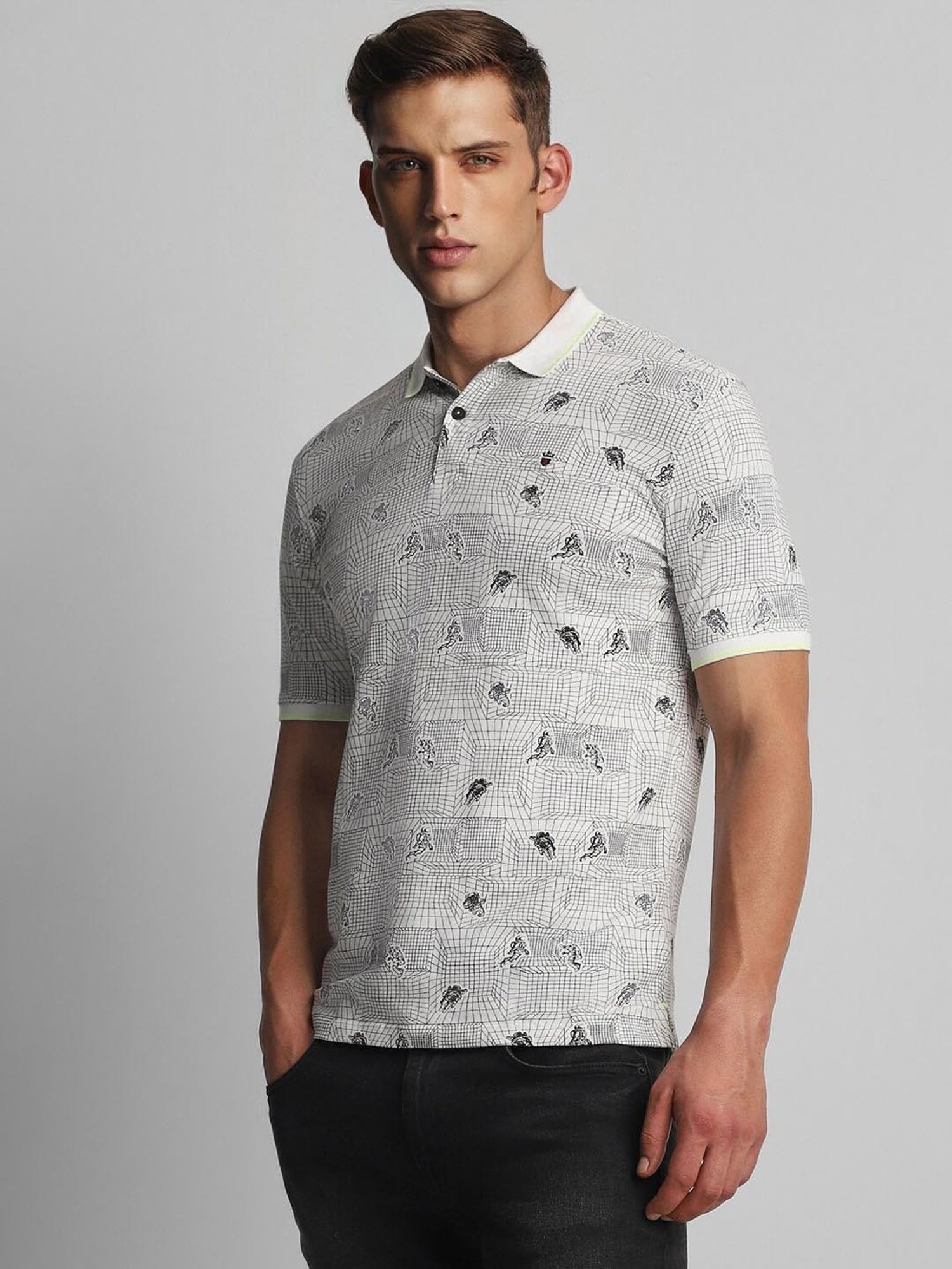 Louis Philippe Jeans White Cotton Slim Fit Printed Polo T-Shirt