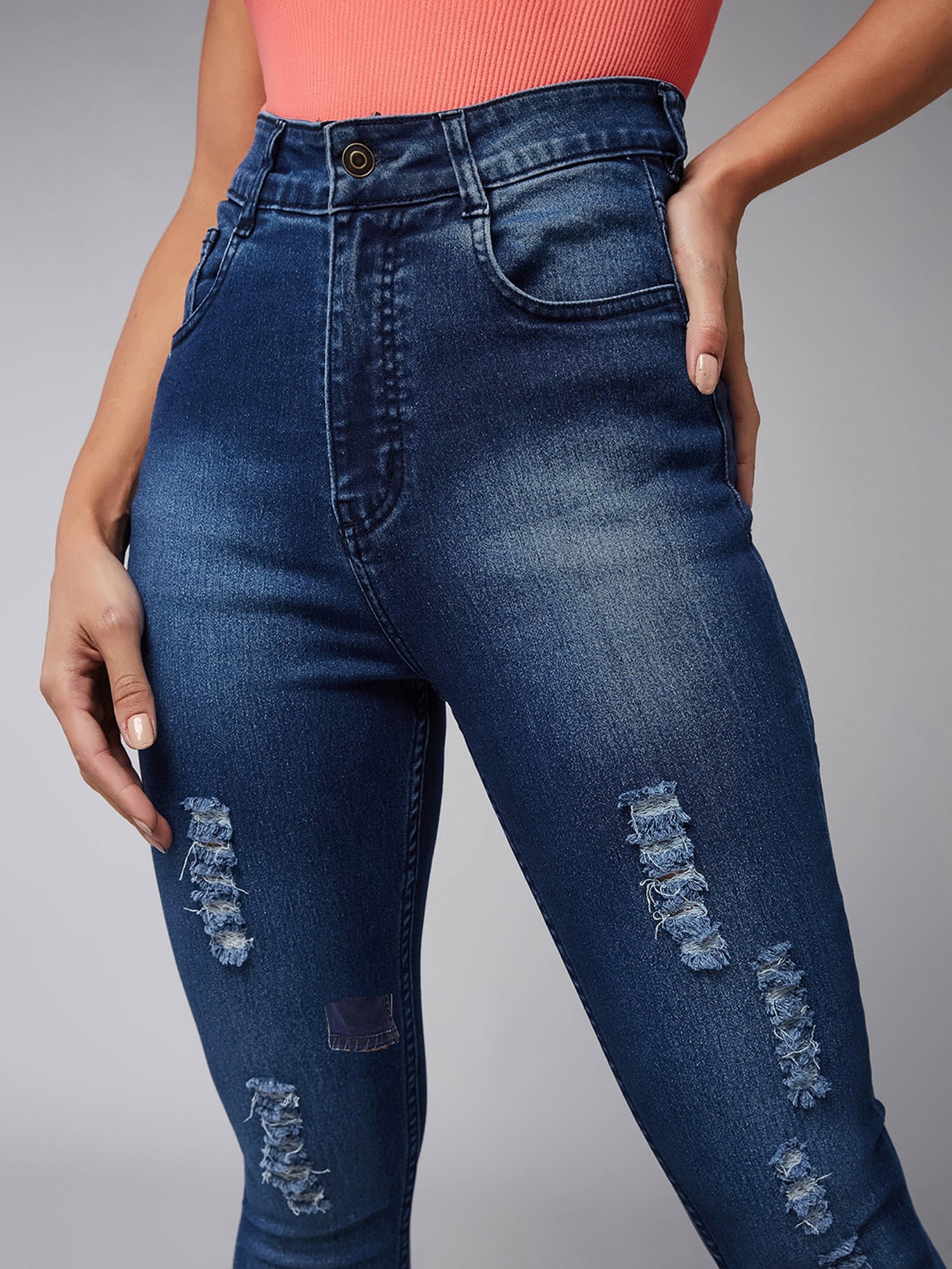 DOLCE CRUDO Blue Denim Distressed High Rise Jeans