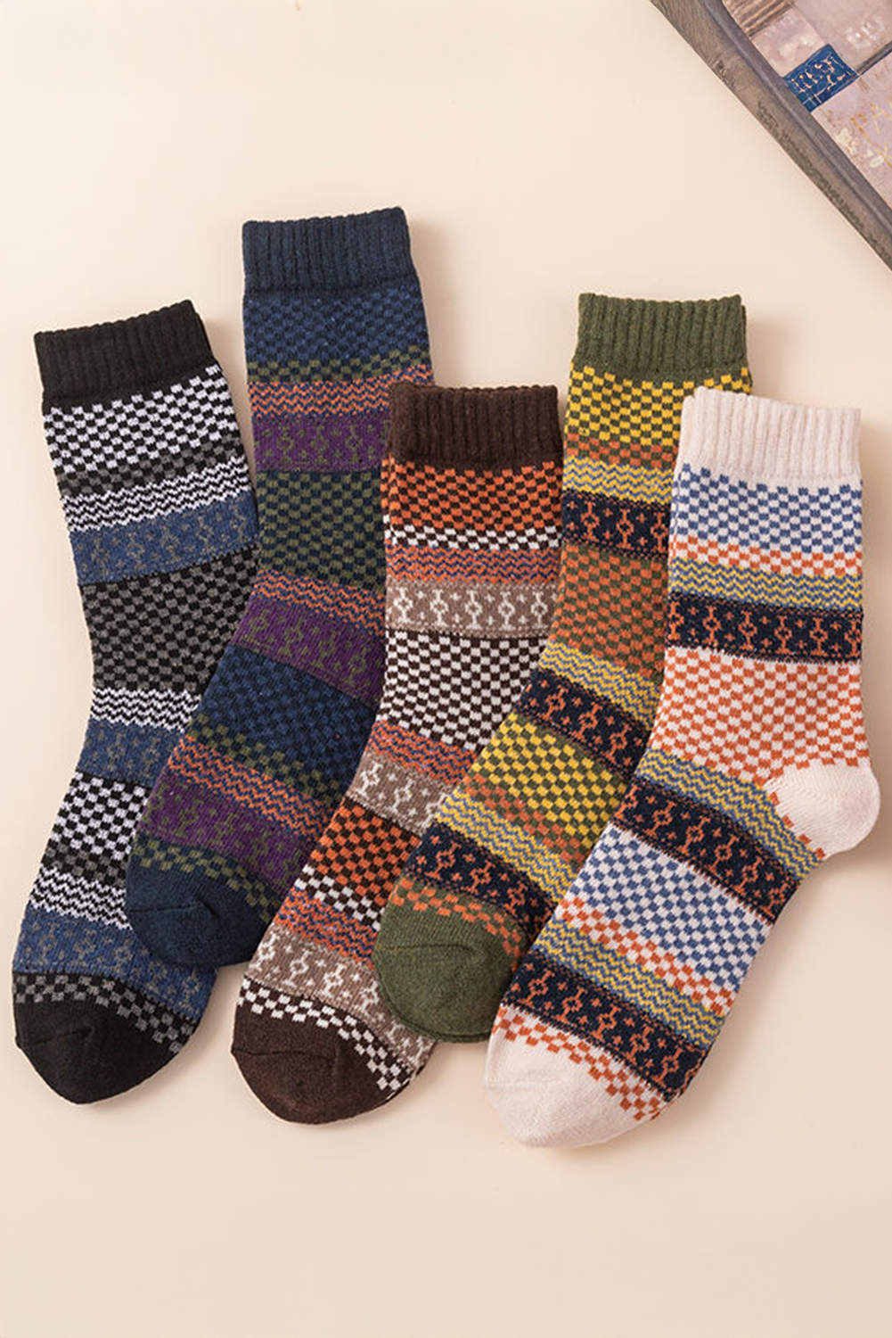 Brown Vintage Jacquard Cotton Crew Socks