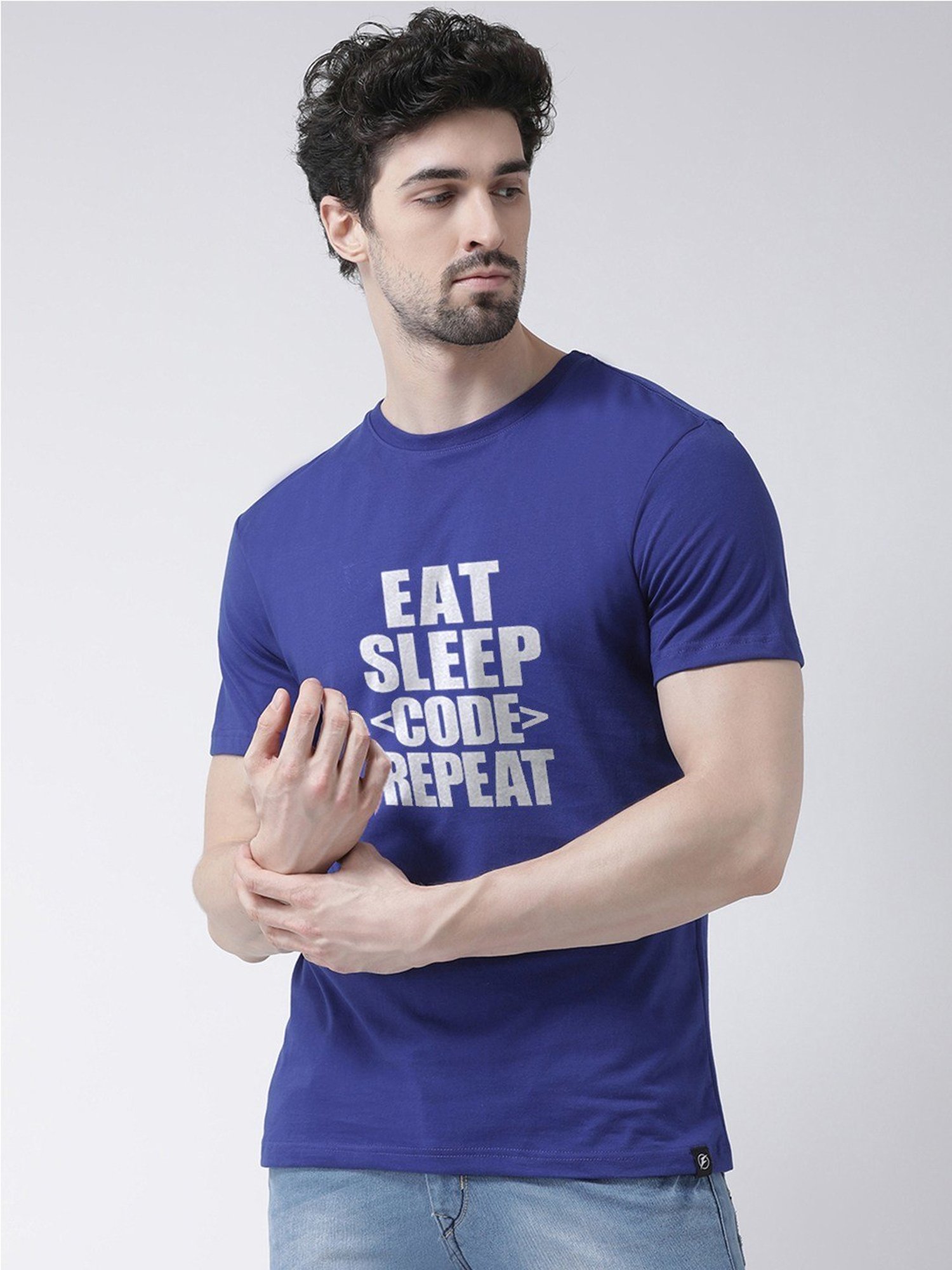 Friskers Blue Cotton Slim Fit Printed T-Shirt
