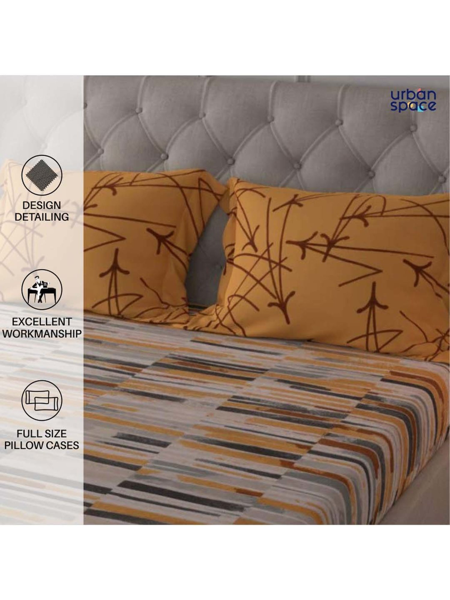 Urban Space Divine Mustard Cotton 144 TC King Fitted Bedsheet With Pillow Covers