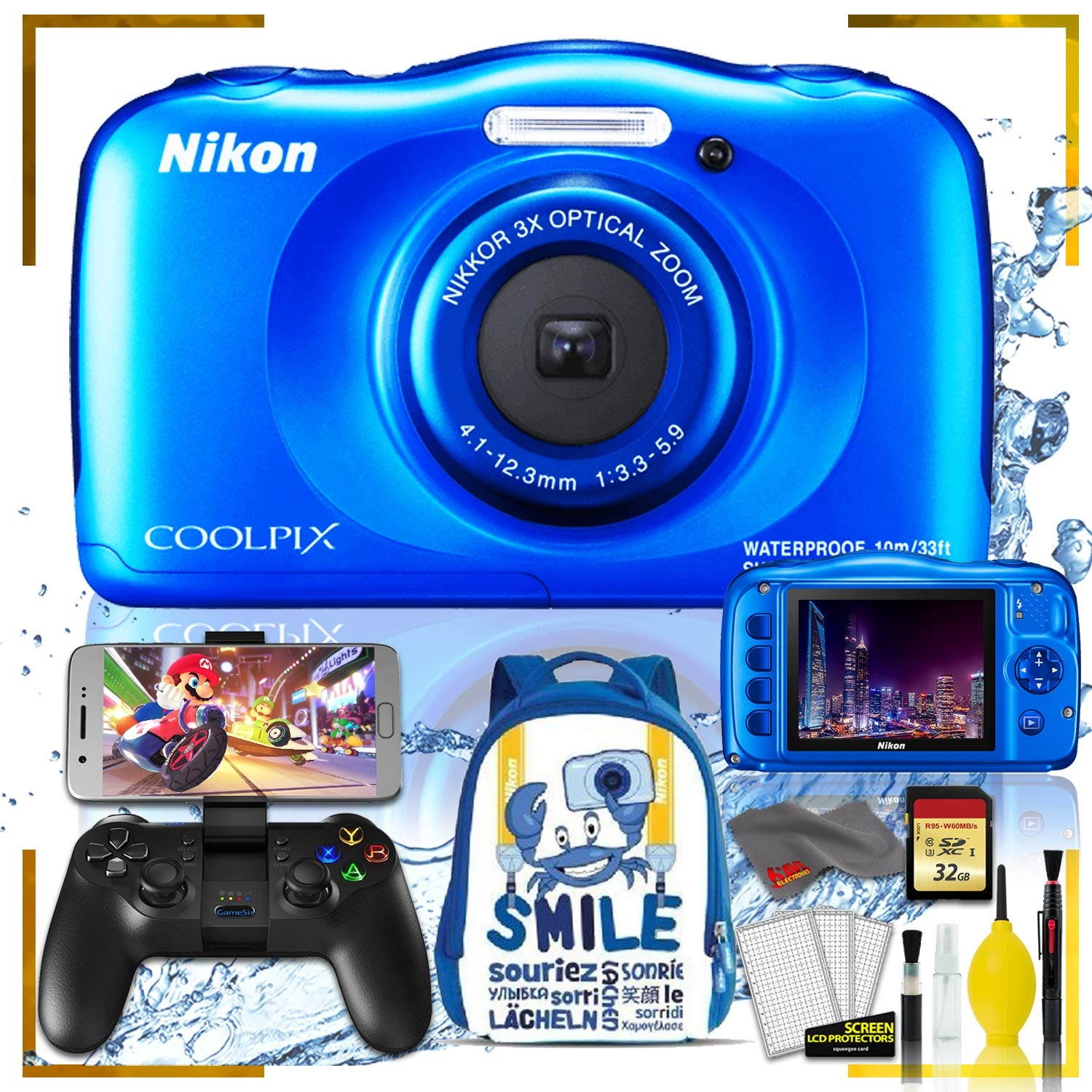 Nikon Coolpix W150 Digital Camera - Blue (Intl Model) with Camera Cleaning Kit Bundle + Game Sir T1s Gaming Controller for Mobile + 32gb SD Card + Nikon Camera Backpack (Blue)
