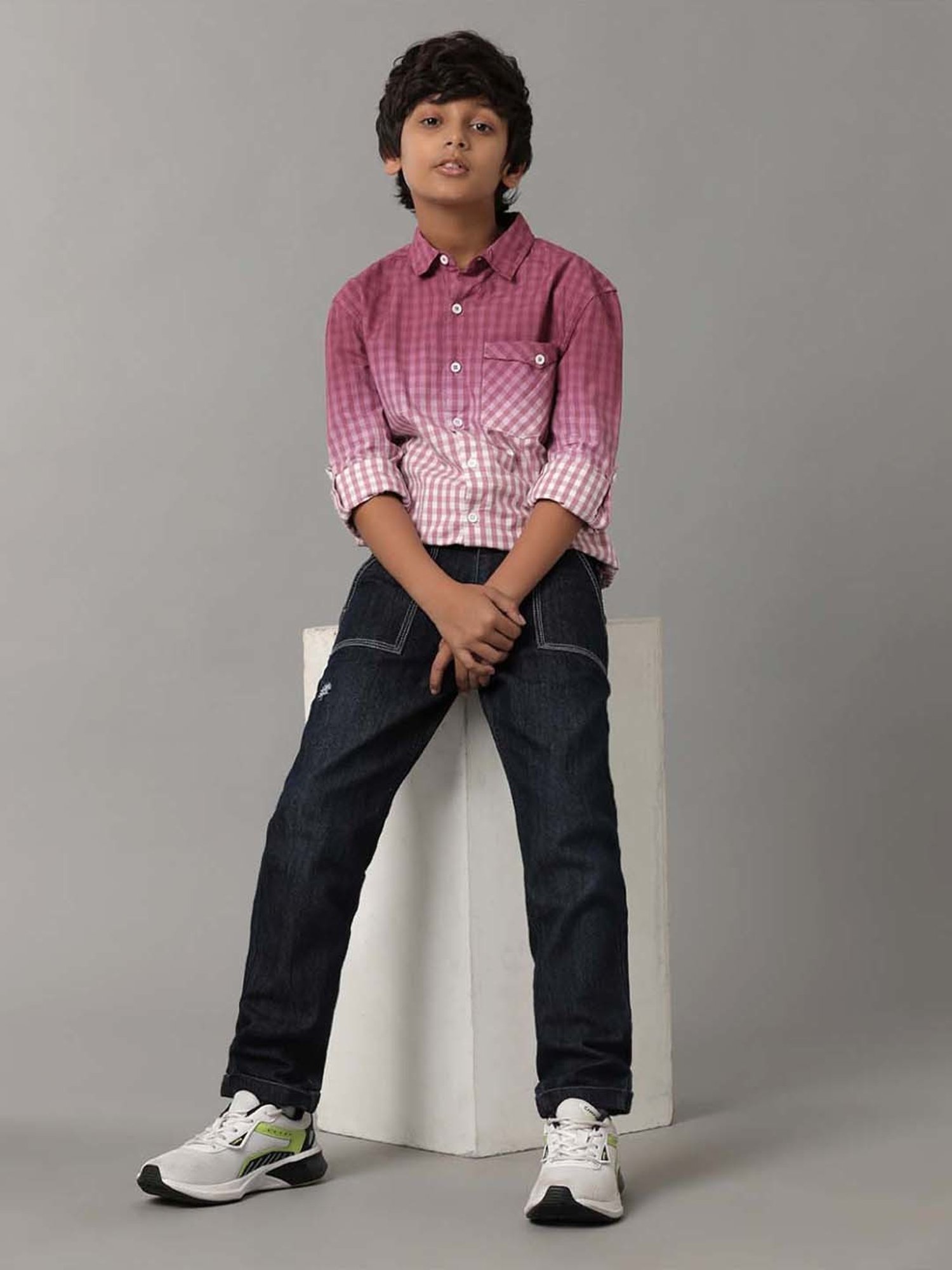 Under Fourteen Only Kids Pink Cotton Chequered Full Sleeves Shirt