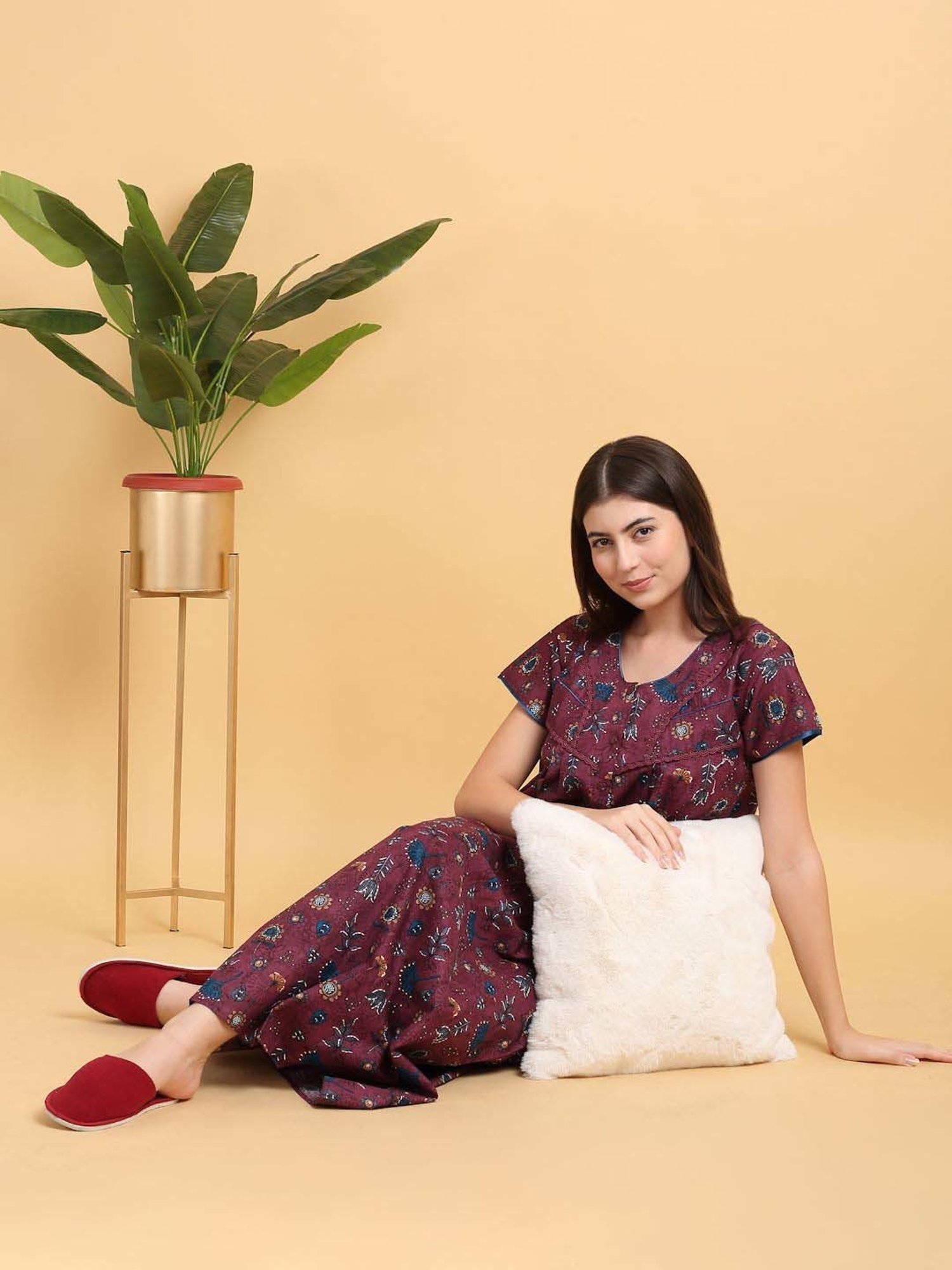 Sweet Dreams Red Cotton Printed Night Dress