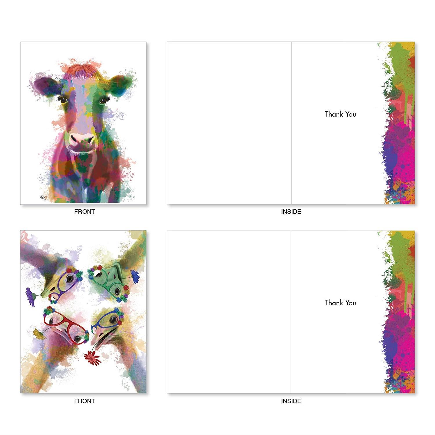 Funky Rainbow Wildlife: 10 Assorted Thank You Greeting Cards With Hipster-Like Images of Wildlife with Colorful Paint Splotches, with Envelopes. AM4948TYG-B1x10