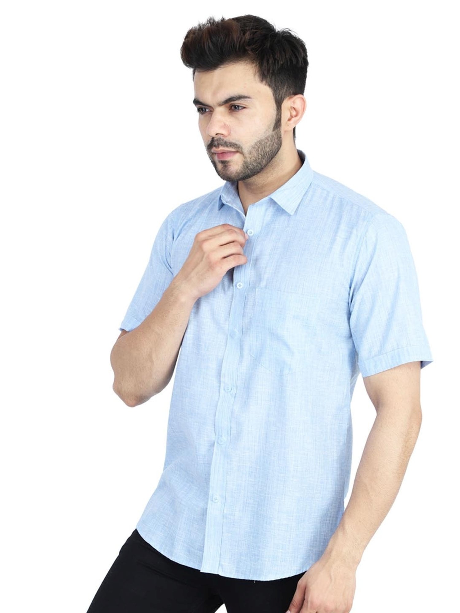 TAHVO Blue Linen Slim Fit Self Pattern Shirt