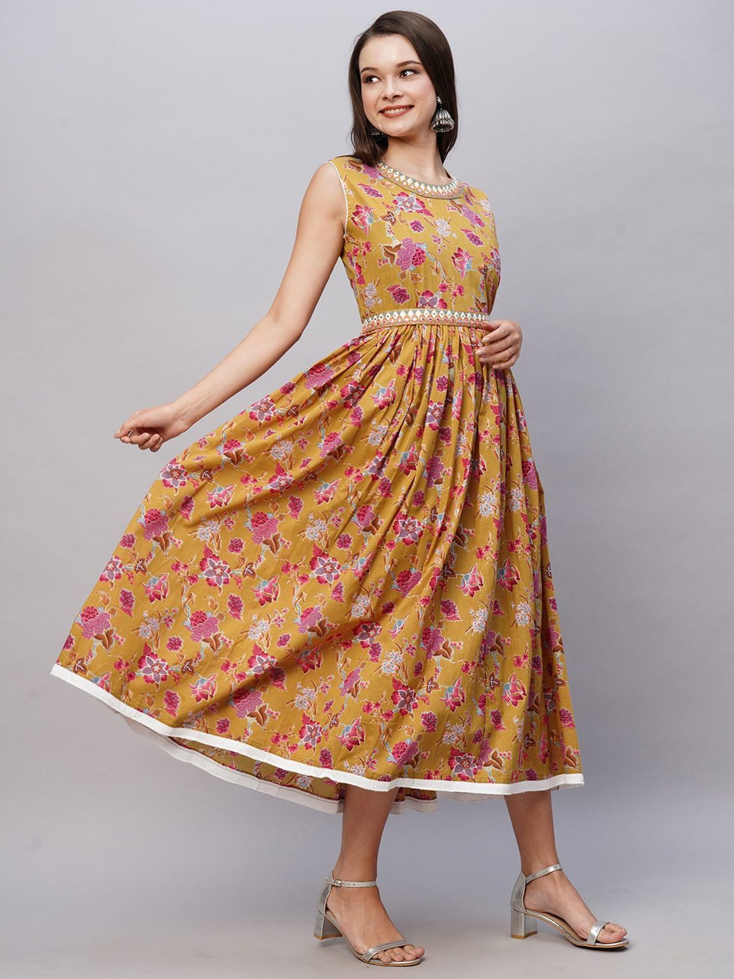 KIANA Brown Cotton Printed Maxi Dress