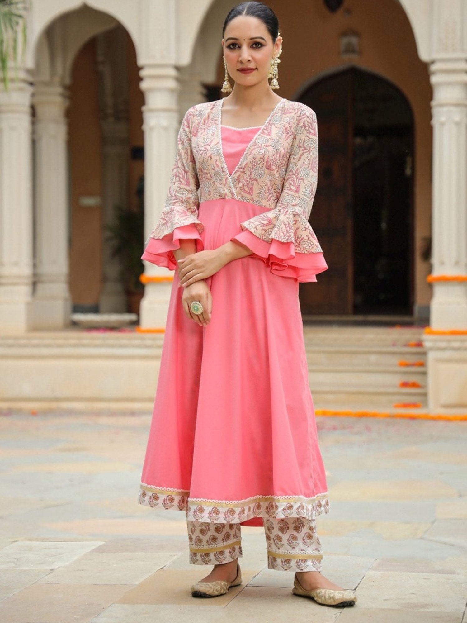 Rain and Rainbow Pink & Beige Cotton Floral Print Kurta Palazzo Set With Dupatta